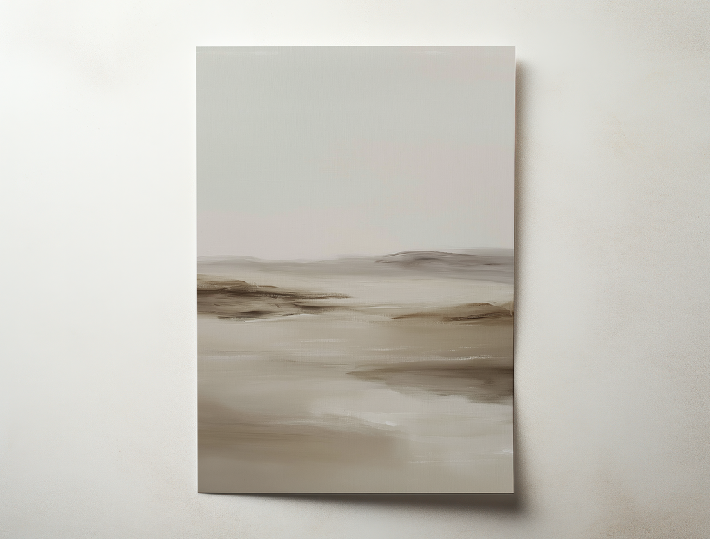 Arvane minimalist neutral landscape wall art with soft sand colored layers forming a calm distant horizon