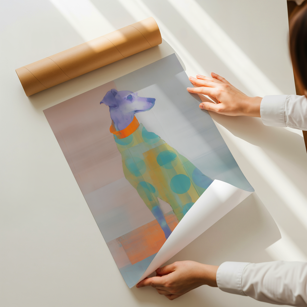 Abstract dog illustration art print in soft pastel colors, modern contemporary wall decor
