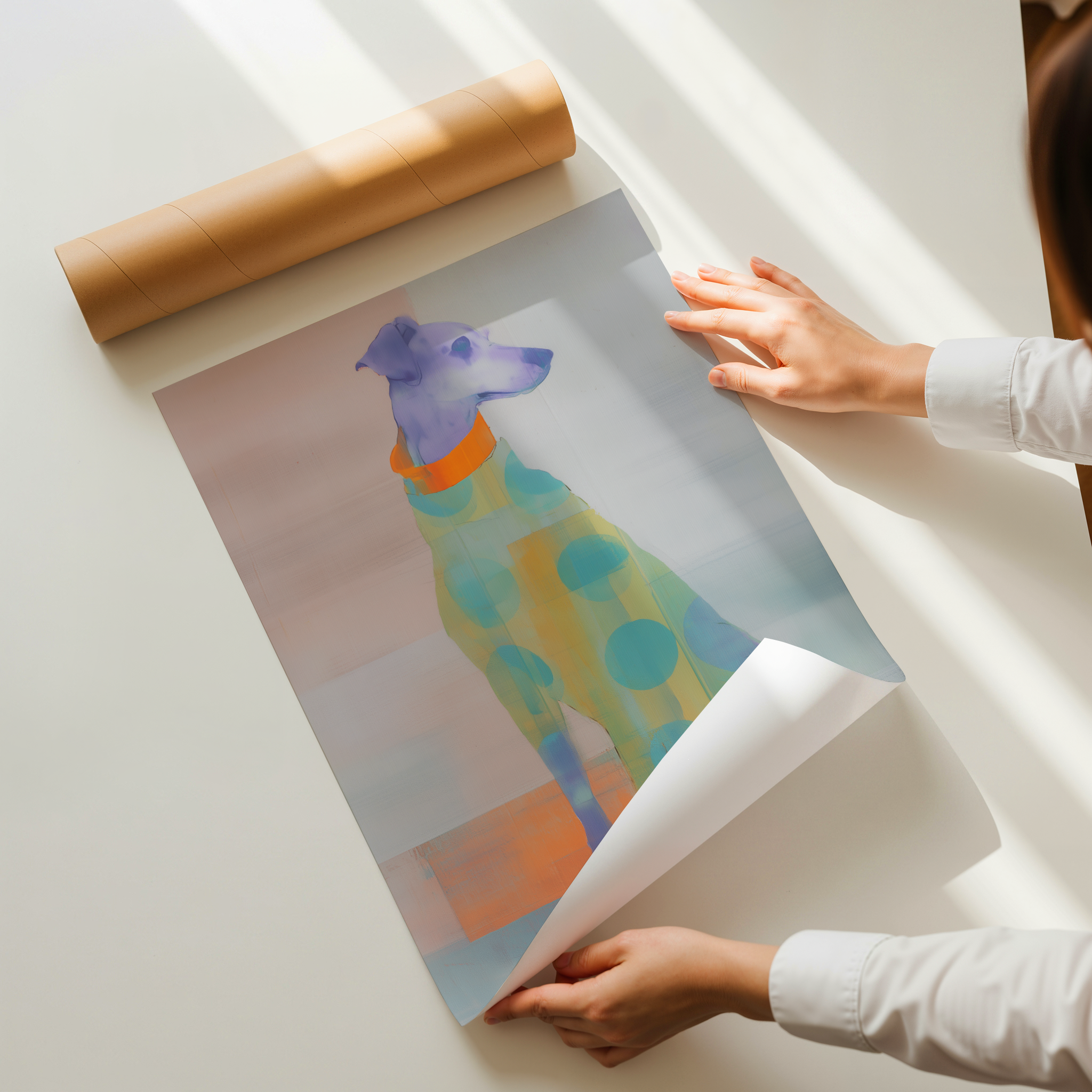 Abstract dog illustration art print in soft pastel colors, modern contemporary wall decor