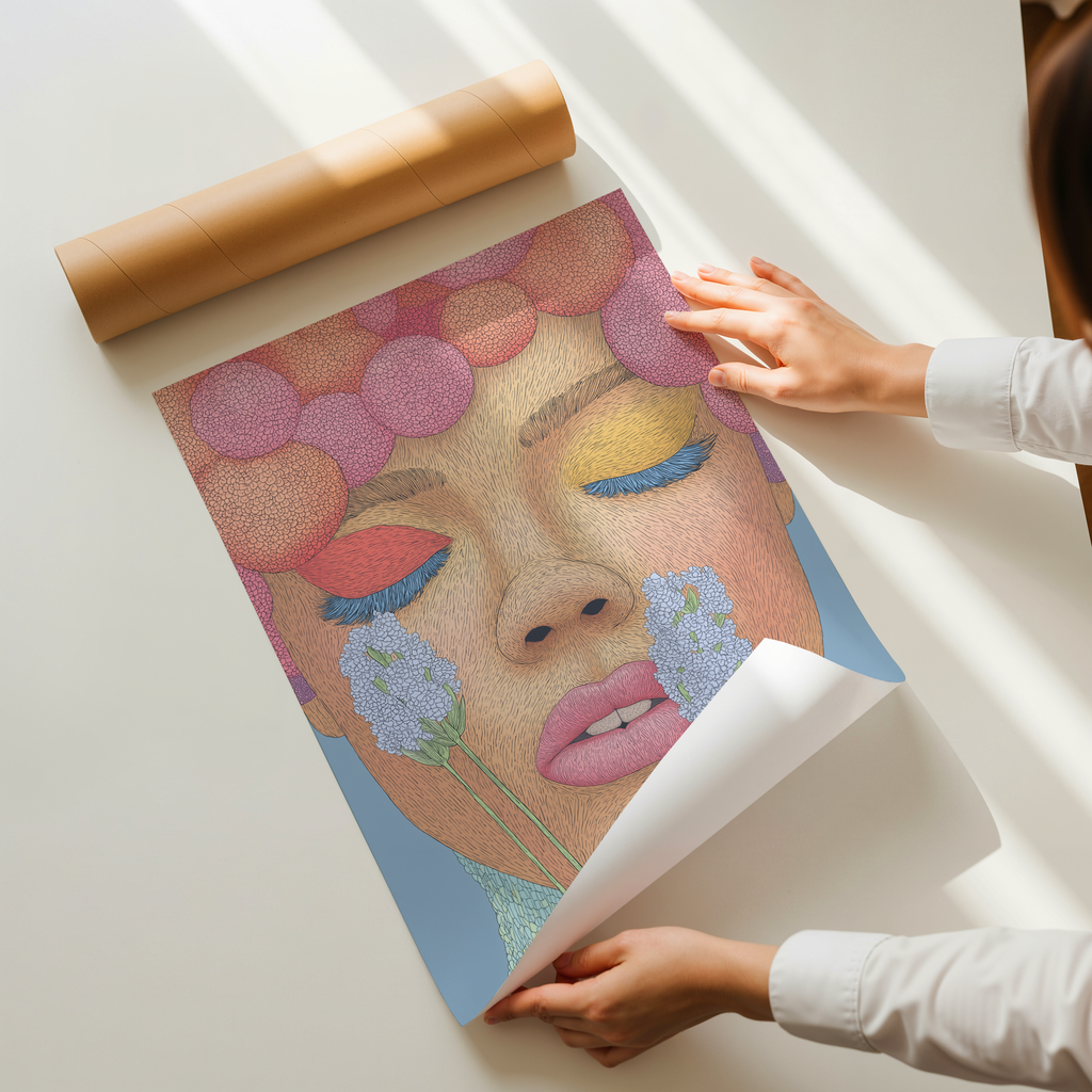 Floral feminine portrait art print of a woman with closed eyes, soft pastel flowers and warm tones, modern illustrated wall art