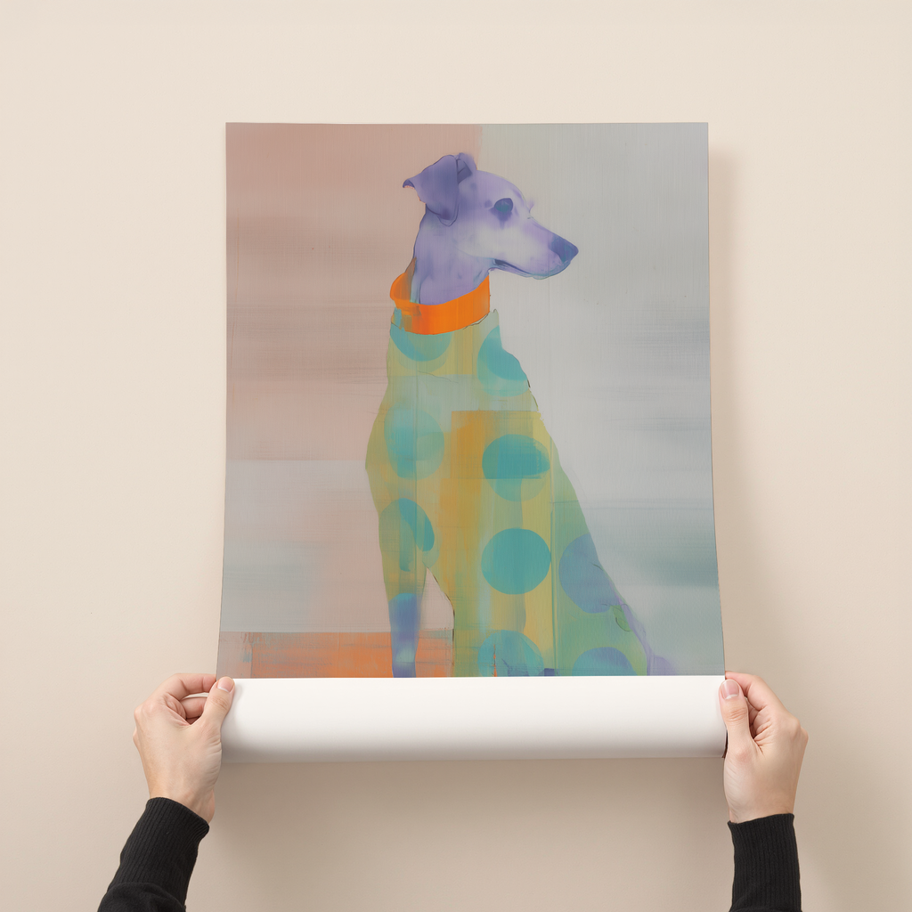 Abstract dog illustration art print in soft pastel colors, modern contemporary wall decor