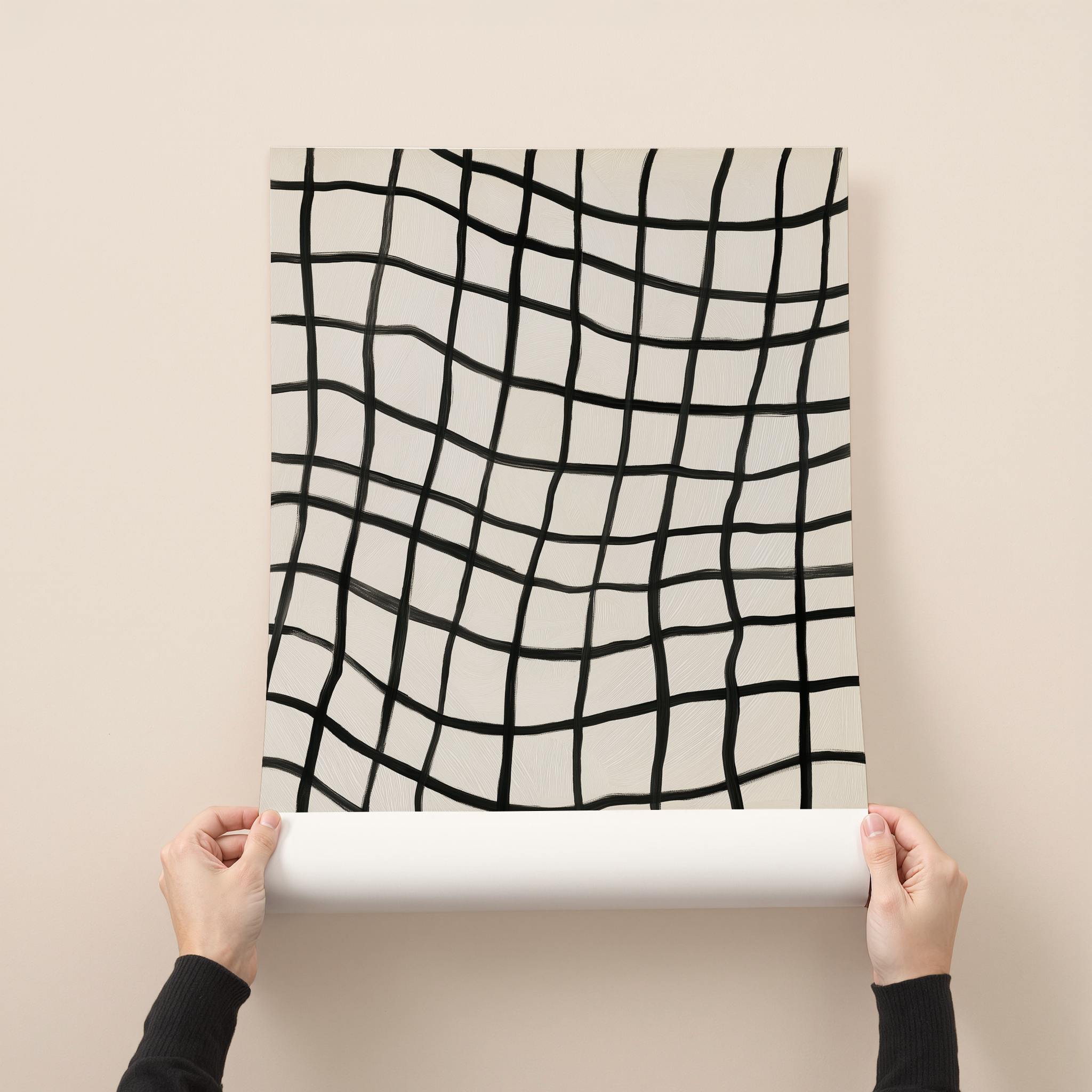 Minimalist abstract wall art print with hand-drawn black lines forming an organic grid on a neutral background