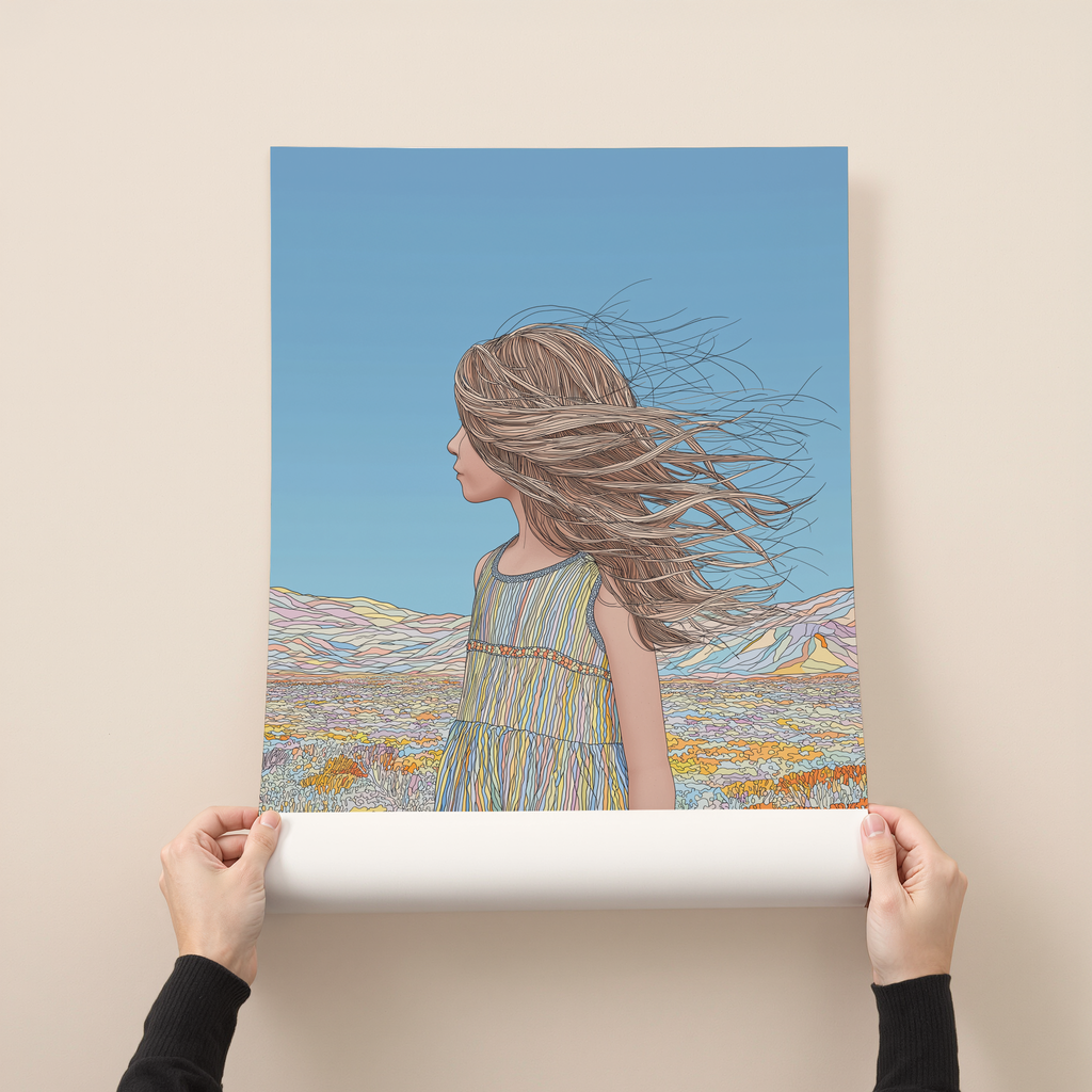 Minimal line illustration of a young girl with long hair blowing in the wind, standing in a soft pastel desert landscape under a clear blue sky.