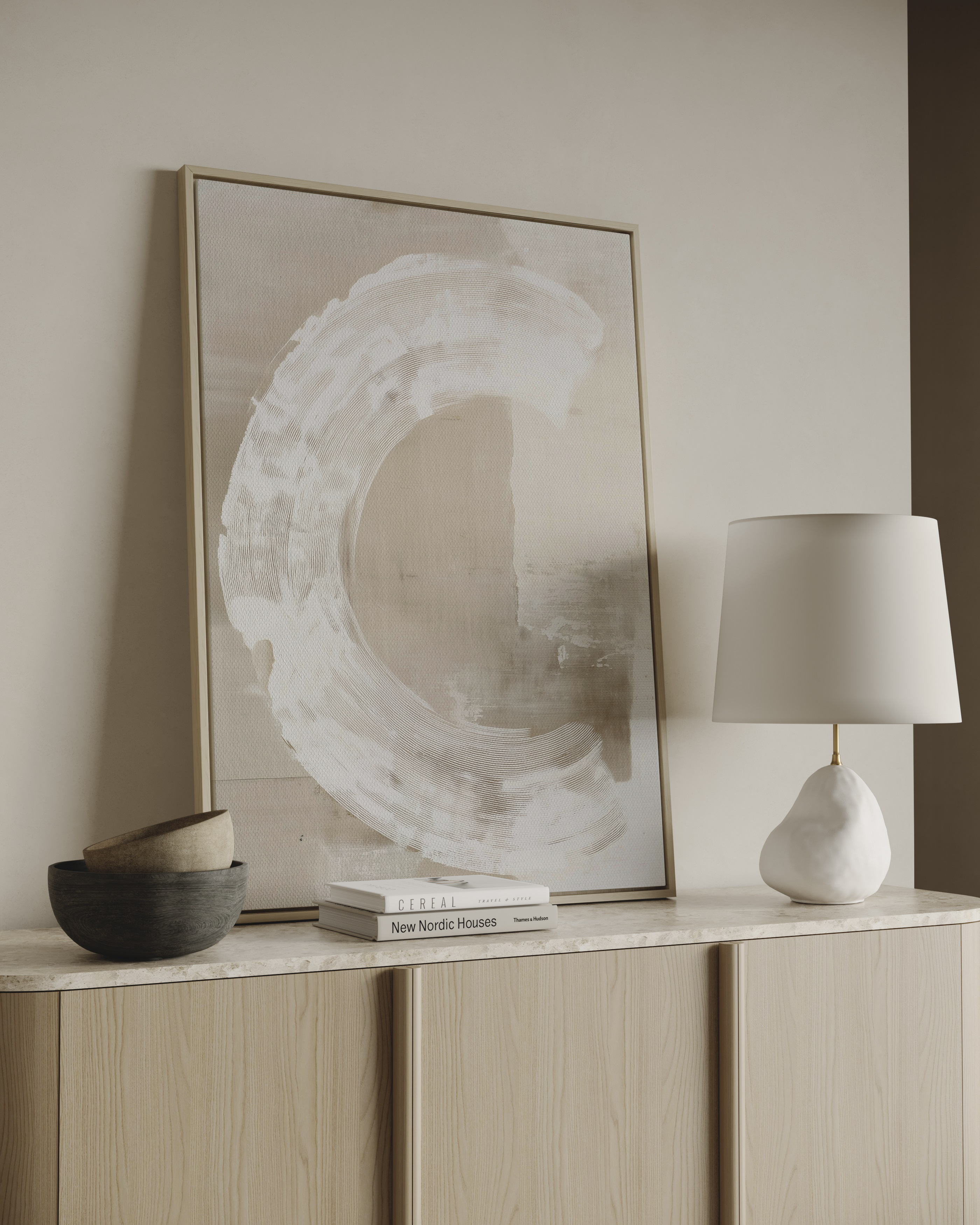 Minimalist abstract wall art with soft white circular brushstroke on neutral background