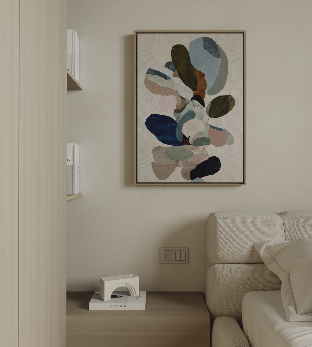 Colorful abstract wall art with organic shapes in blue green and earthy tones