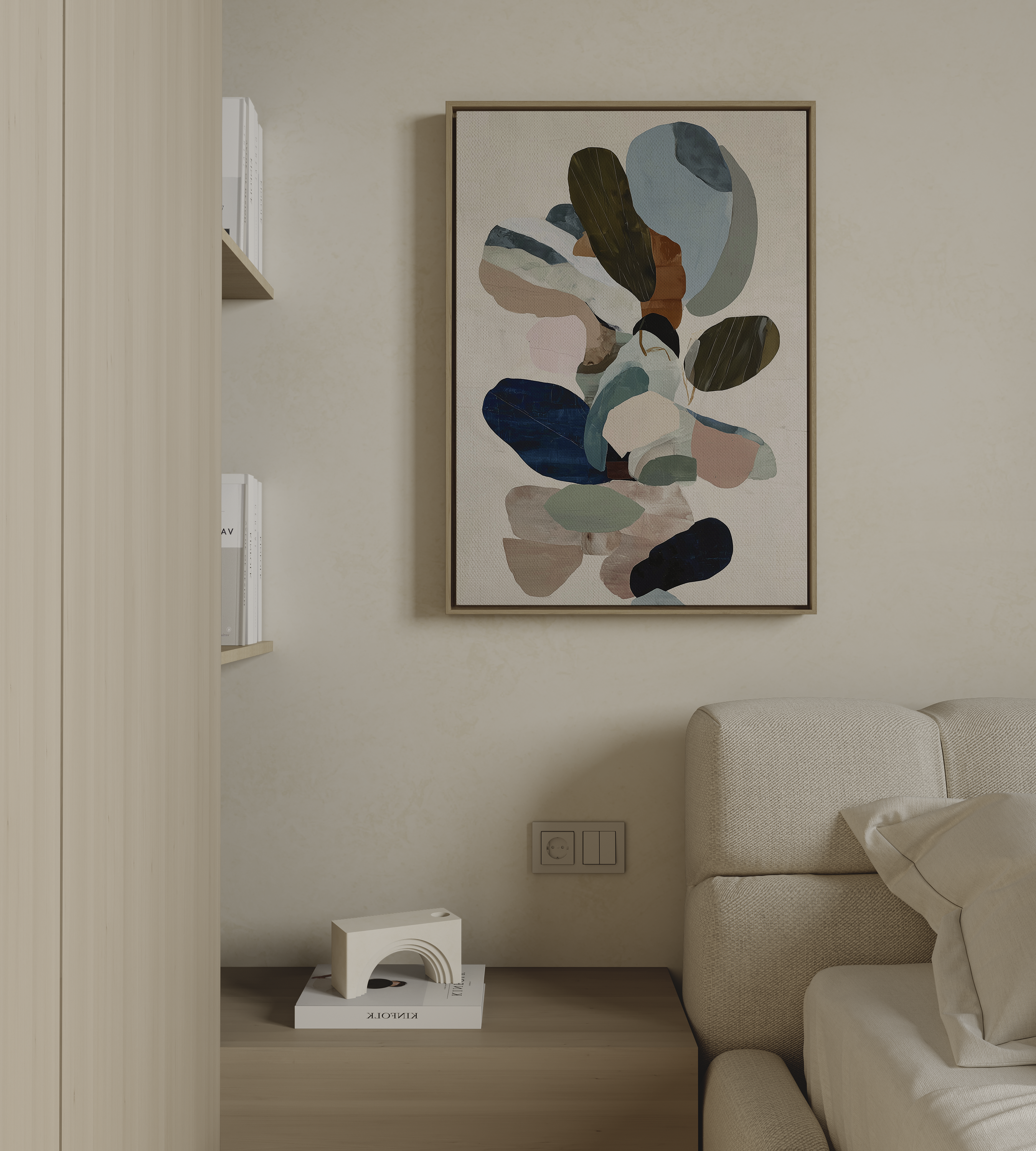 Colorful abstract wall art with organic shapes in blue green and earthy tones