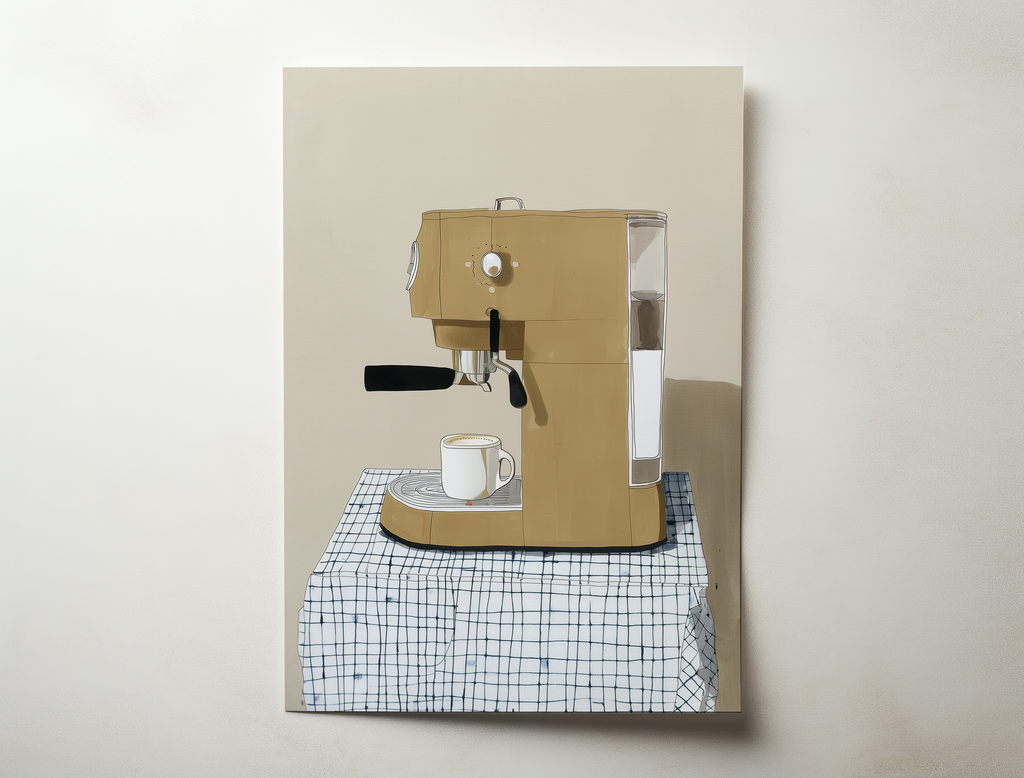 Minimalist coffee machine illustration art print with espresso maker and cup in warm neutral tones, modern kitchen wall decor