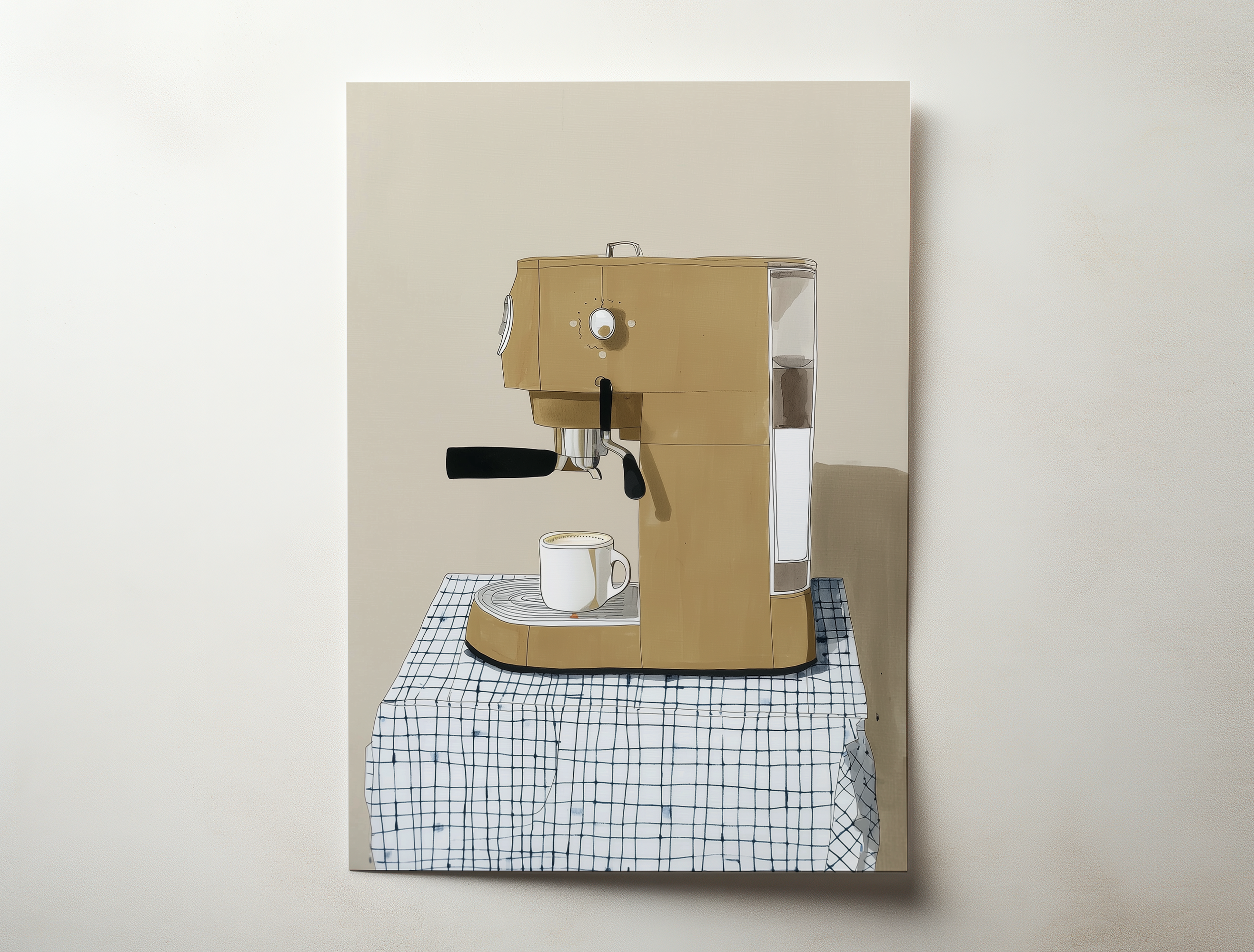 Minimalist coffee machine illustration art print with espresso maker and cup in warm neutral tones, modern kitchen wall decor