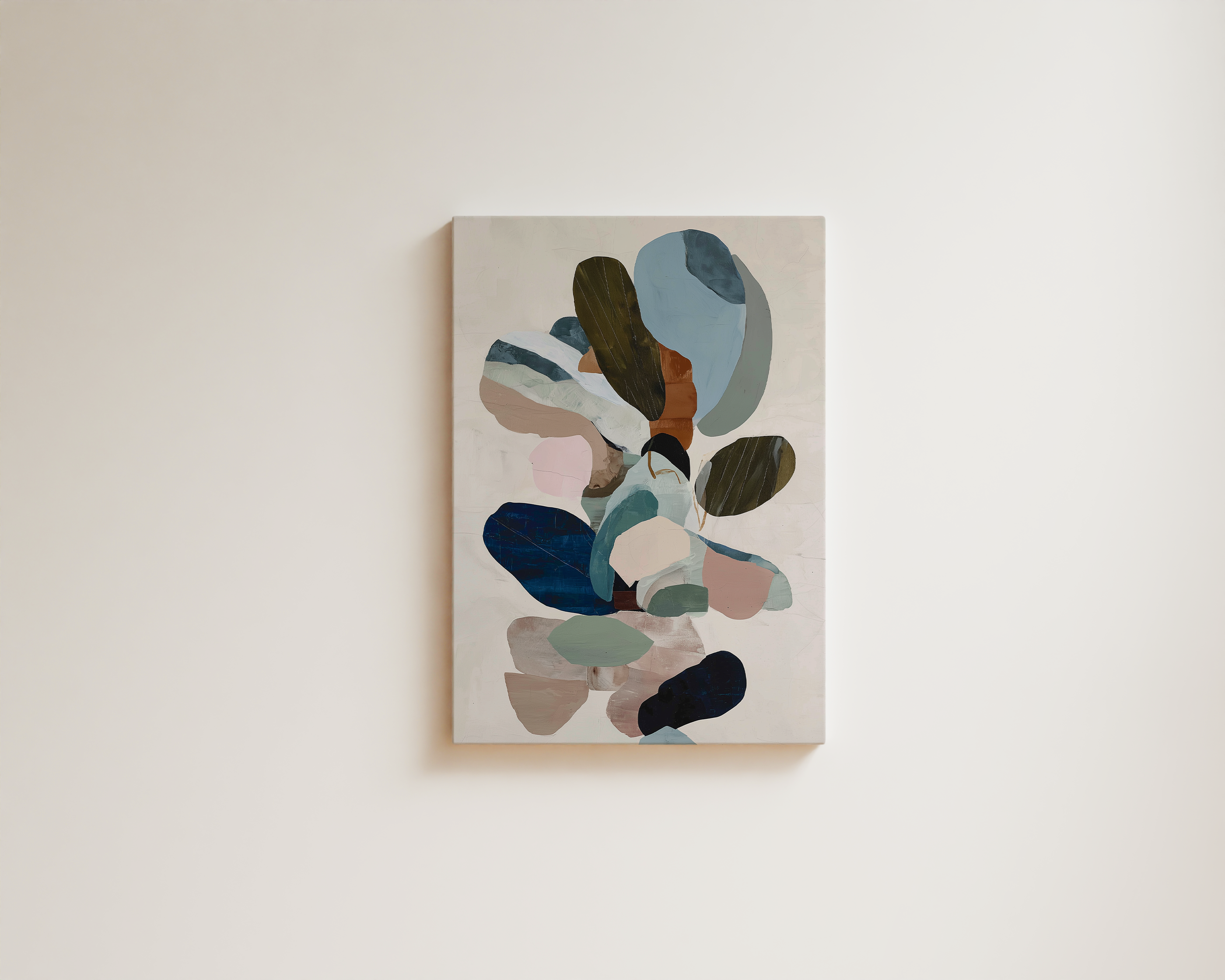 Colorful abstract wall art with organic shapes in blue green and earthy tones