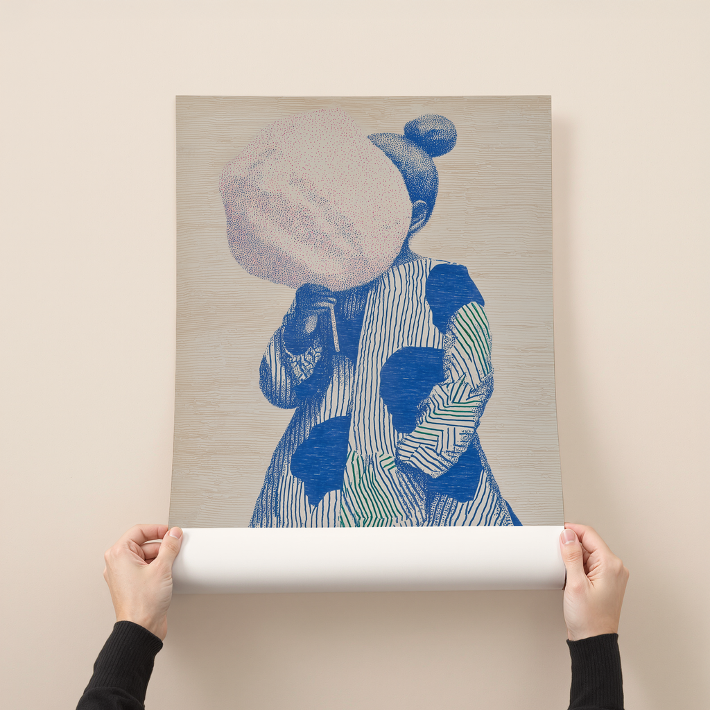 Playful modern illustration art print of a small girl figure with pink cotton candy and blue patterned clothing in minimalist graphic style
