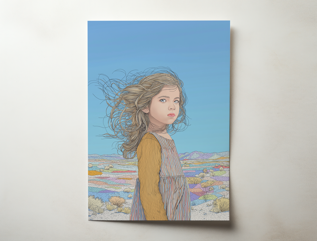 Illustrated art print of a young girl standing in a soft desert landscape with wind blowing through her hair under a clear blue sky.