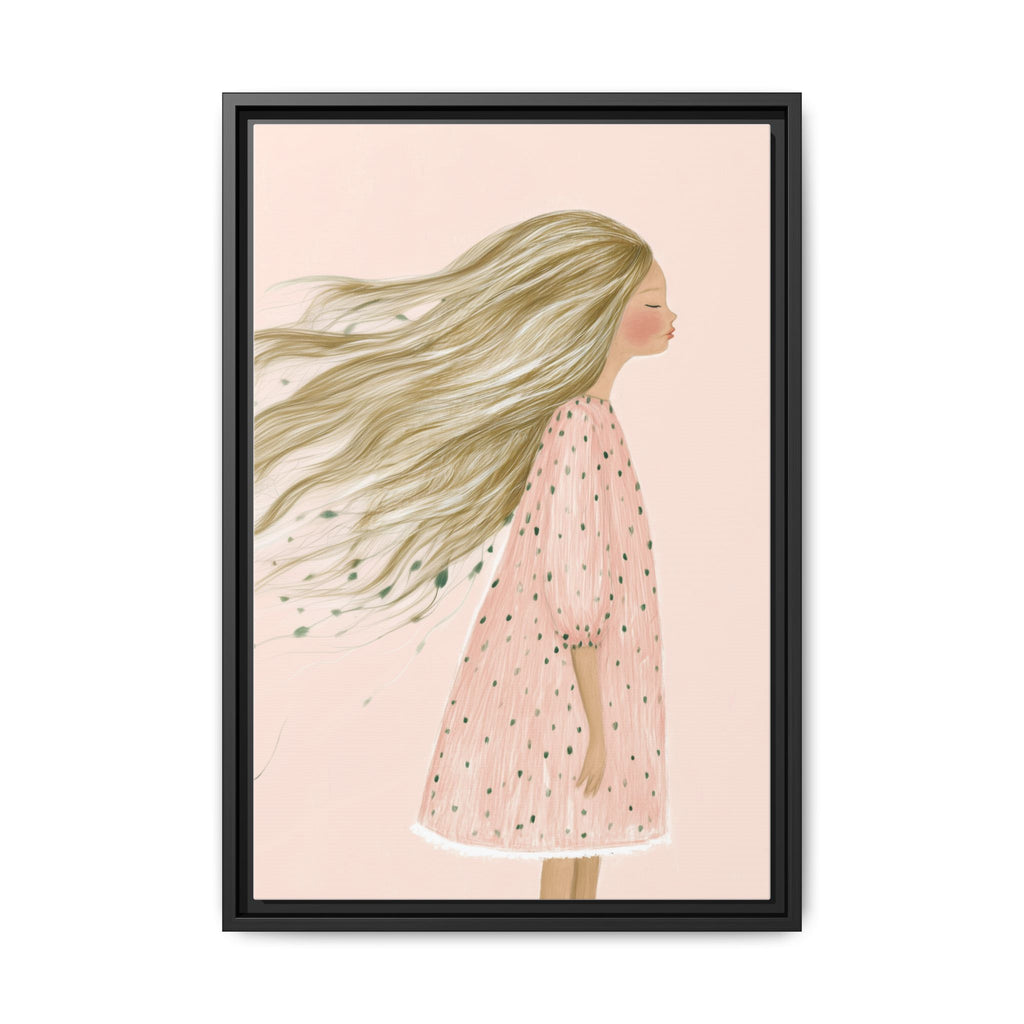 Lunaria framed canvas wall art featuring a soft minimalist girl illustration in blush tones