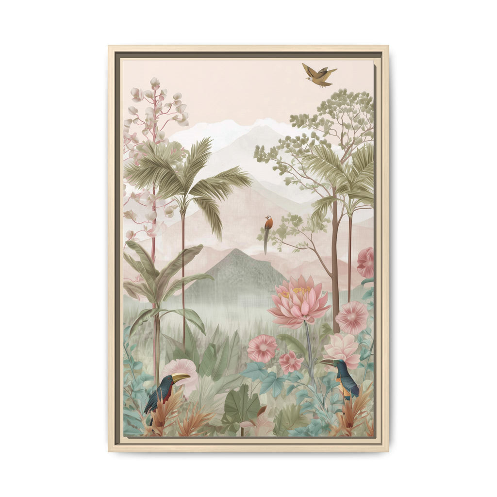 Framed artwork of a tropical landscape with palm trees, flowers, and birds on a white background.