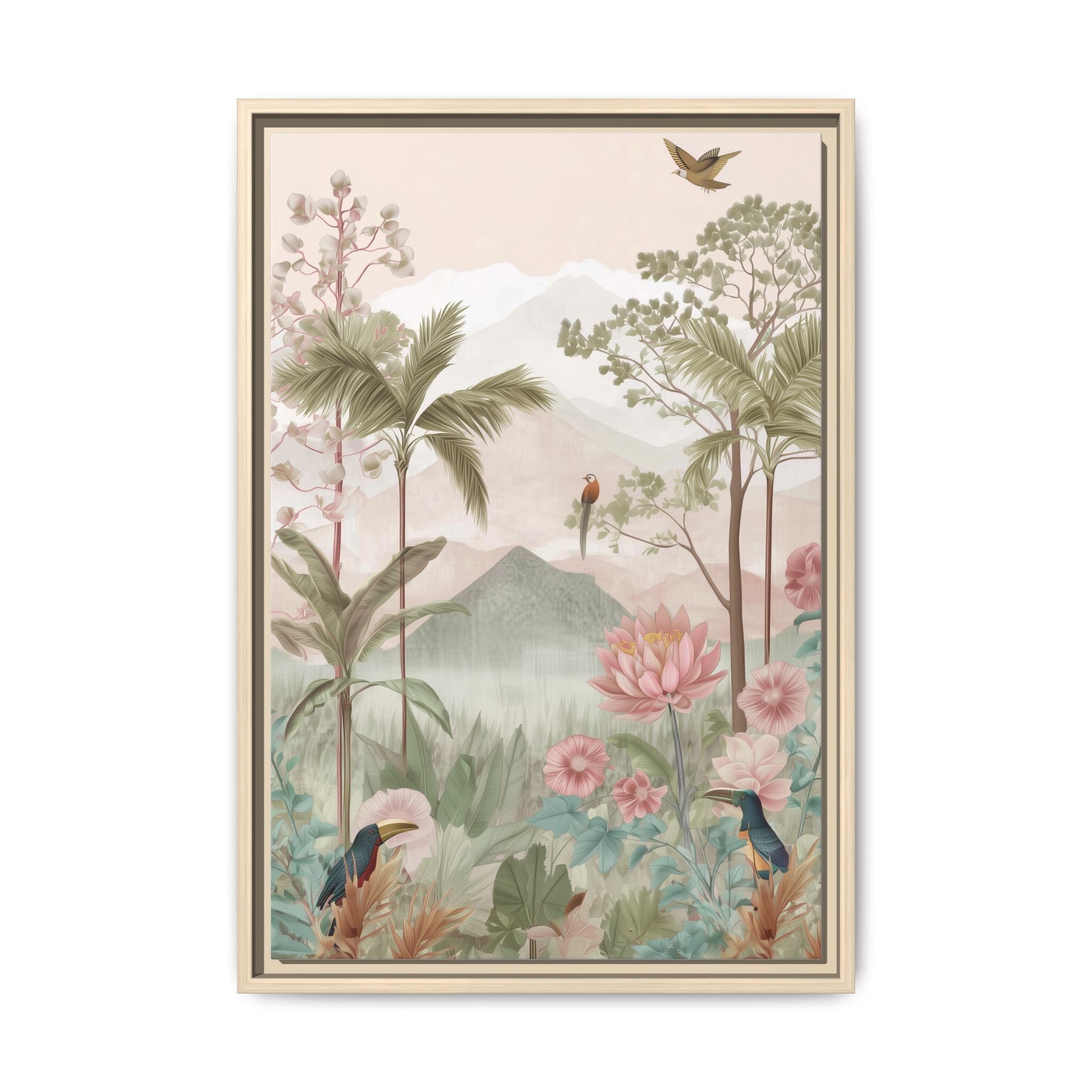 Framed artwork of a tropical landscape with palm trees, flowers, and birds on a white background.