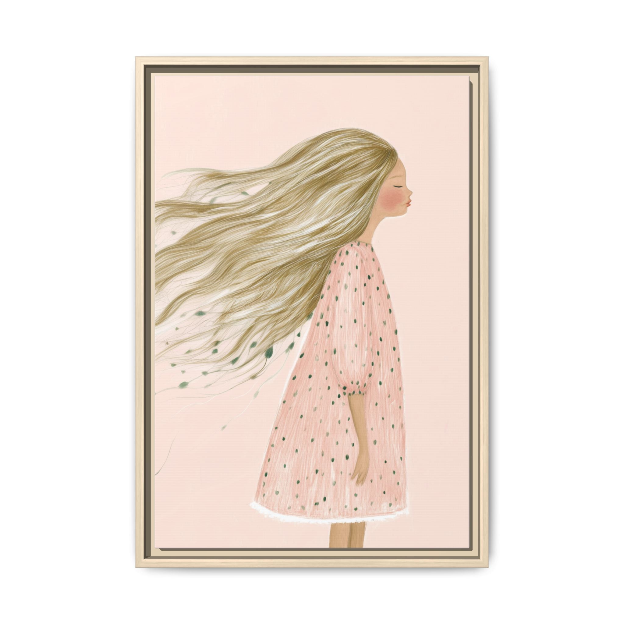 Lunaria framed canvas wall art featuring a soft minimalist girl illustration in blush tones