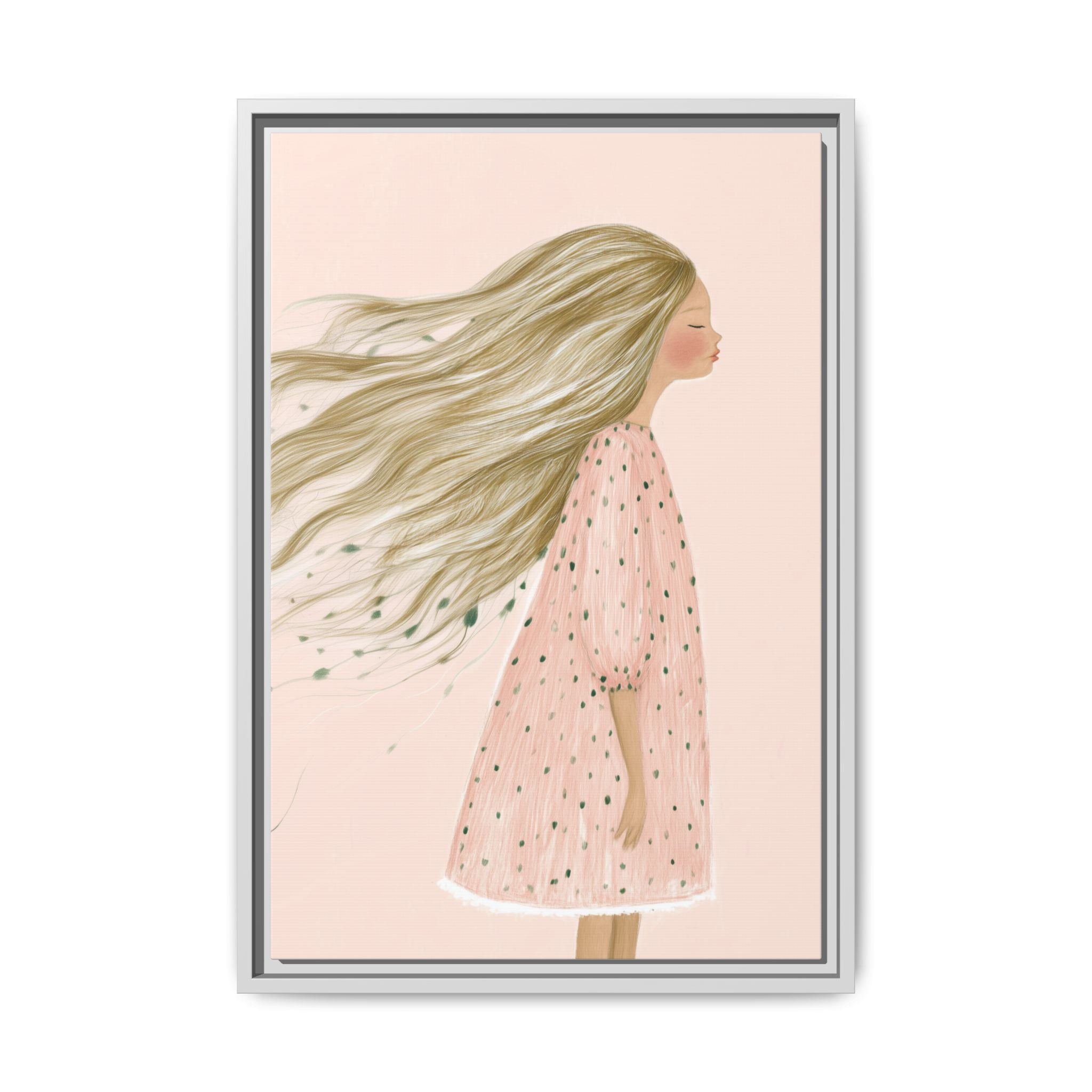 Lunaria framed canvas wall art featuring a soft minimalist girl illustration in blush tones