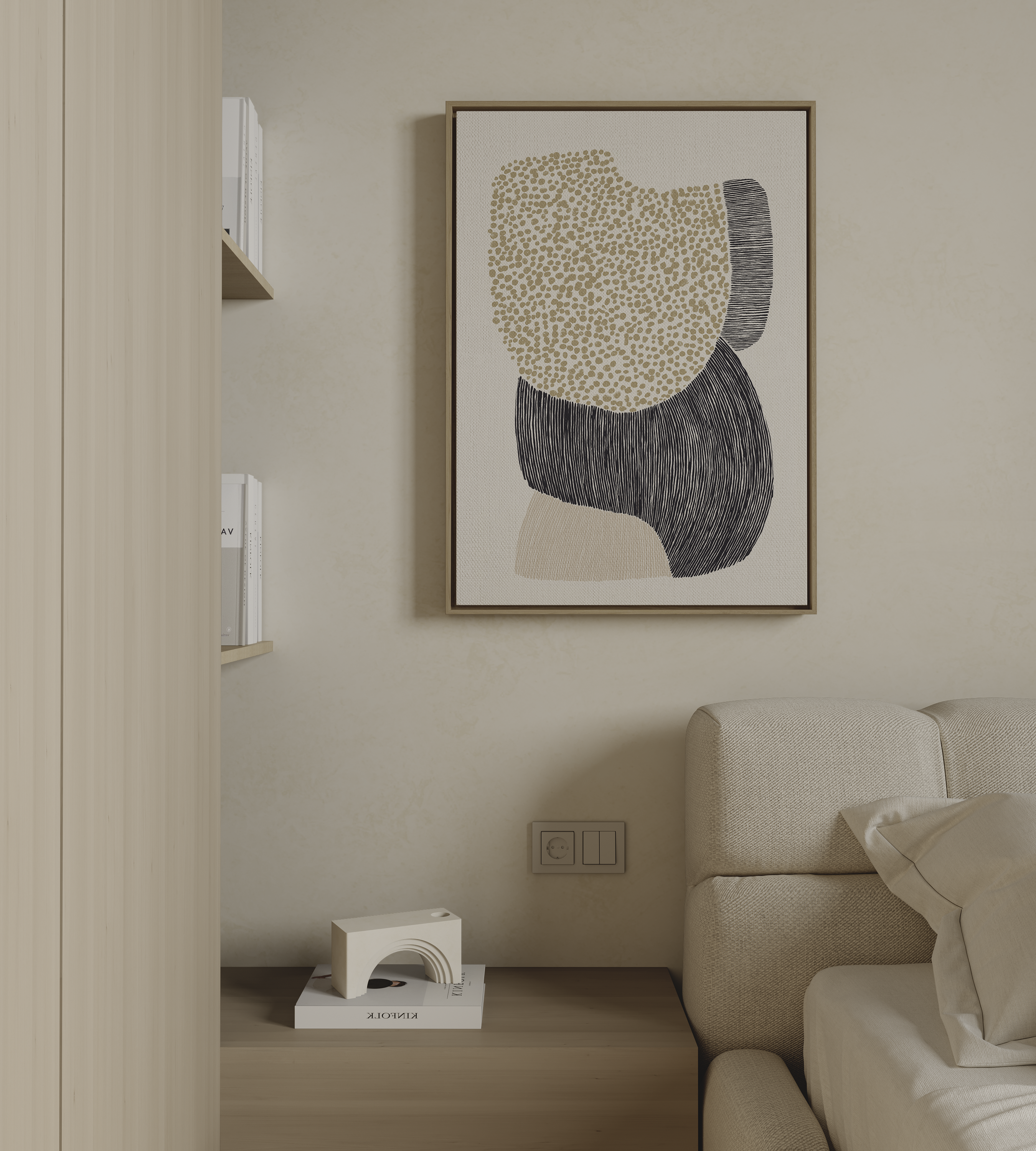 Abstract art piece on a wall in a living room with a sofa and decor items.