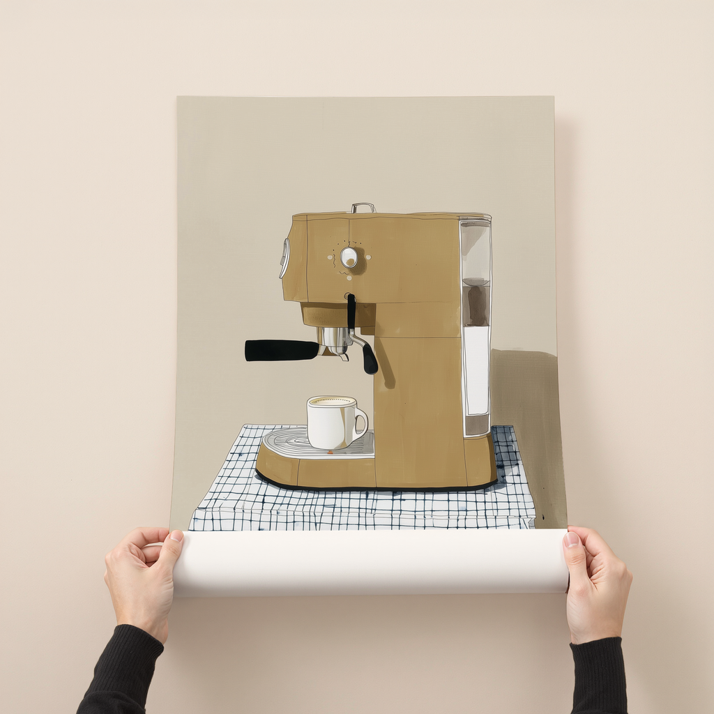Minimalist coffee machine illustration art print with espresso maker and cup in warm neutral tones, modern kitchen wall decor