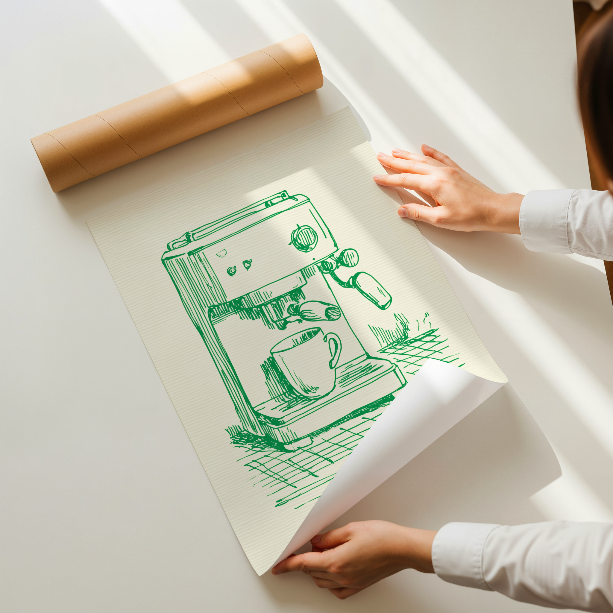 Porto Brew minimalist line illustration of an espresso machine with a coffee cup in green ink