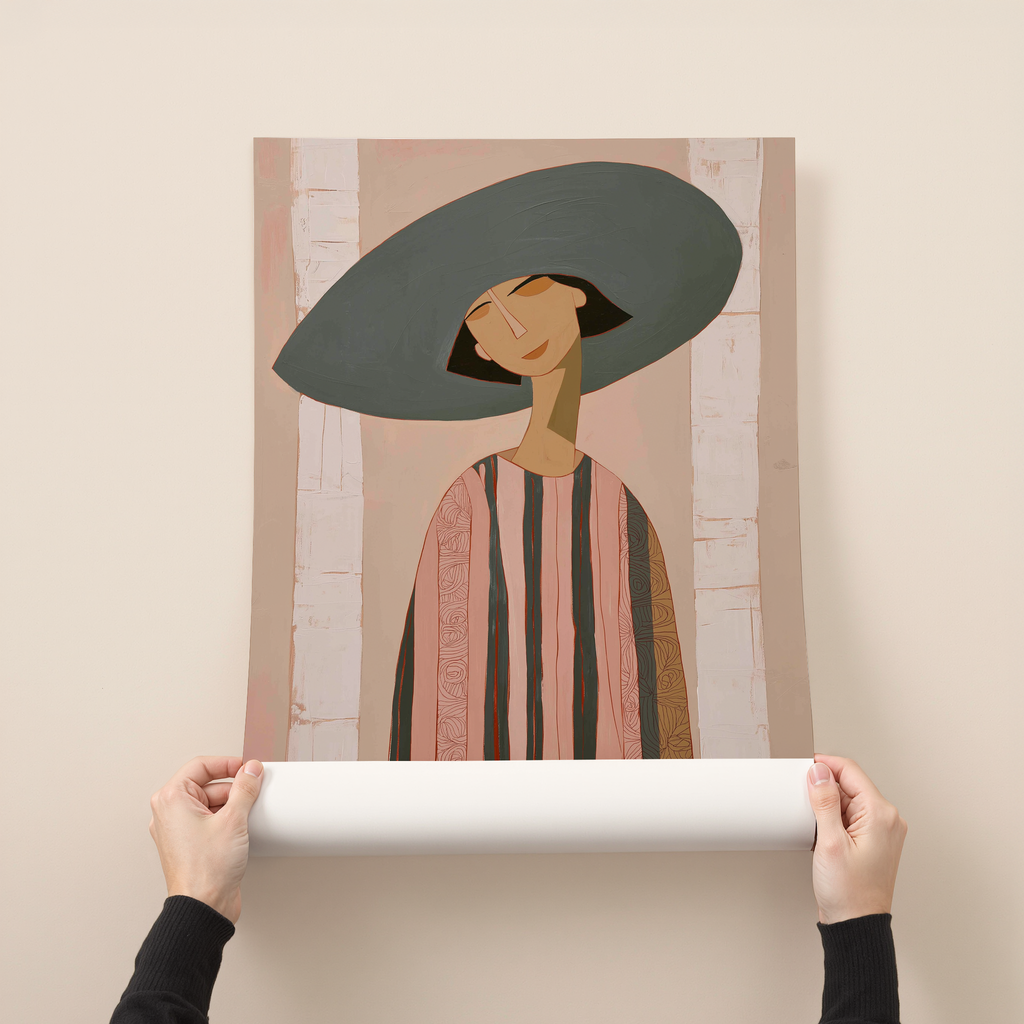 Minimalist woman portrait art print with wide hat, soft neutral colors and modern illustration style, elegant contemporary wall decor