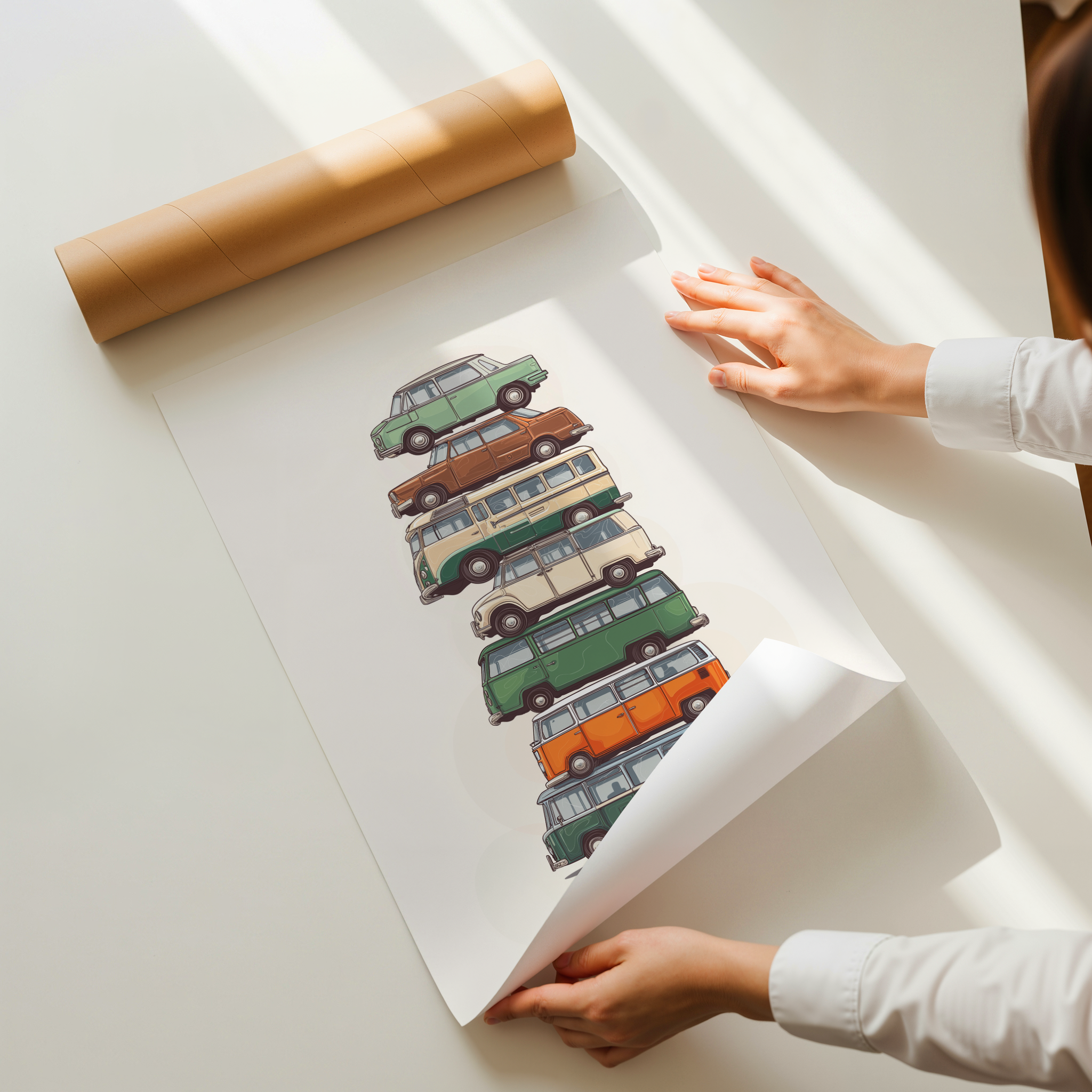 Illustrated art print of stacked vintage vans in green, beige, and orange tones, minimalist retro wall art.