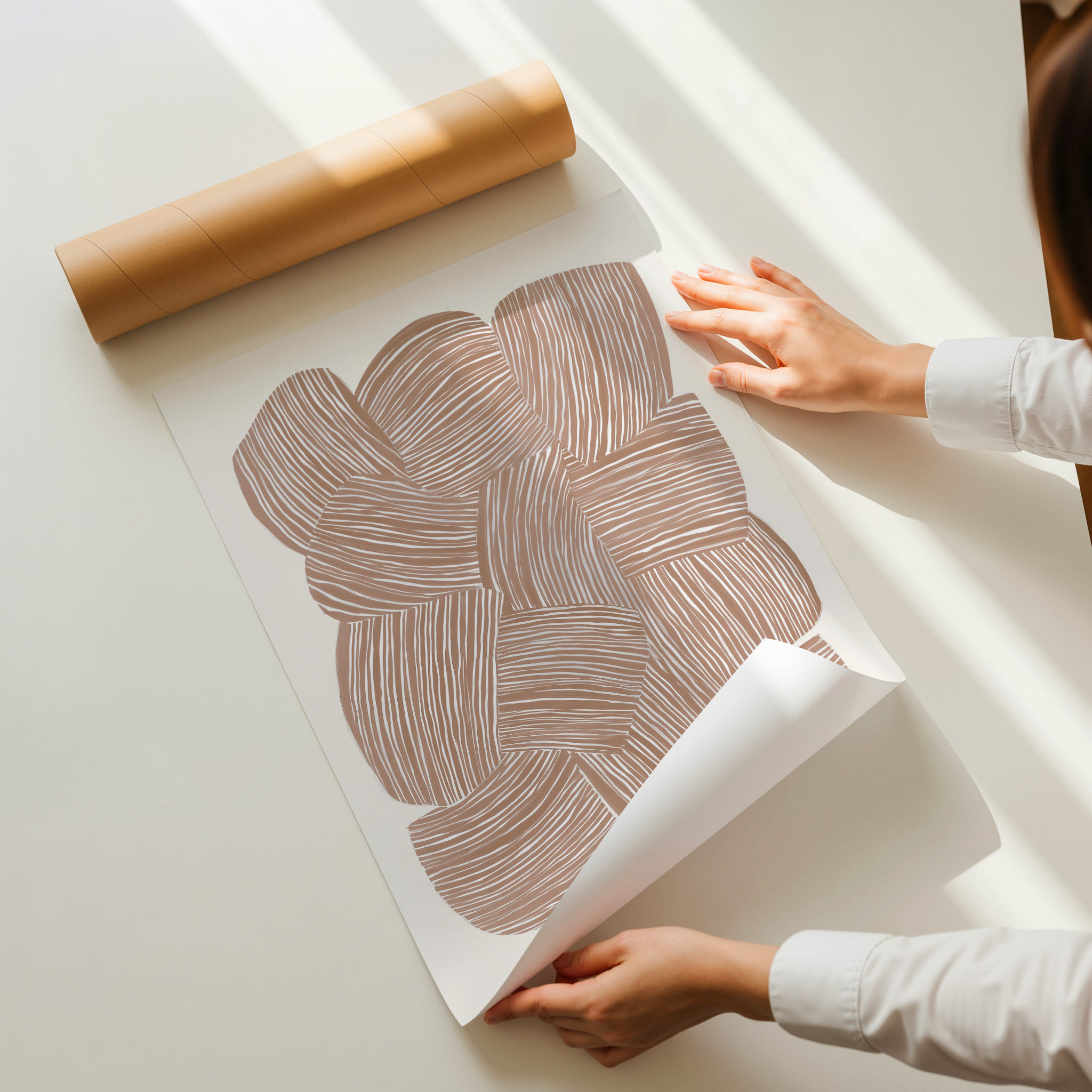 Abstract line art print with layered organic shapes in warm neutral brown tones on a light background