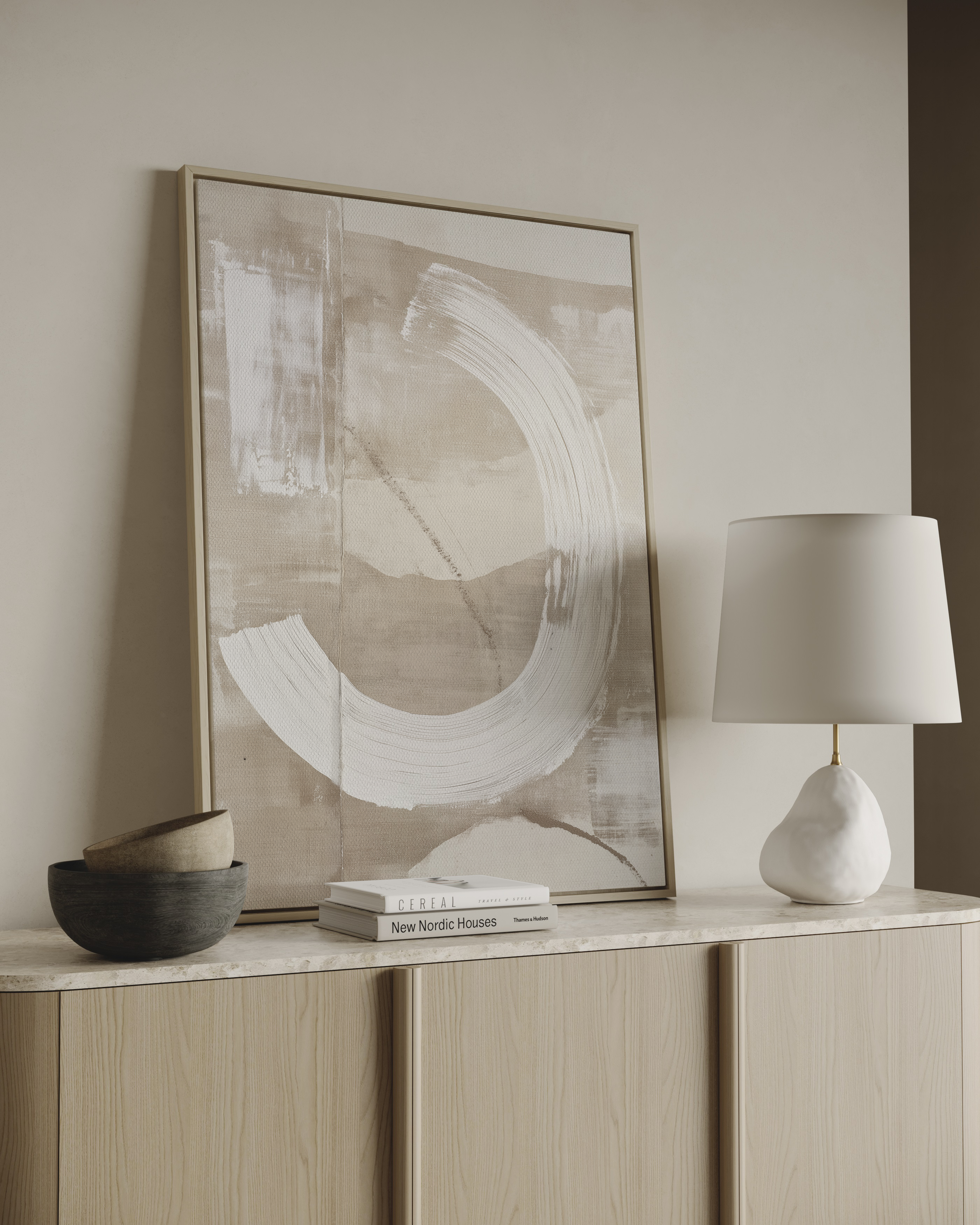 Minimalist abstract wall art with soft circular brushstroke on warm neutral background