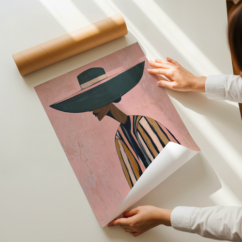 Minimalist fashion portrait art print of a woman in oversized hat with soft blush background and modern illustration style wall decor
