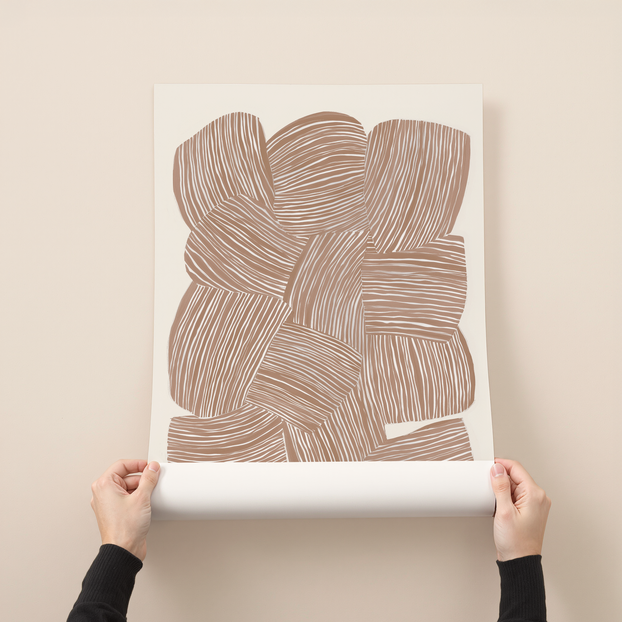 Abstract line art print with layered organic shapes in warm neutral brown tones on a light background