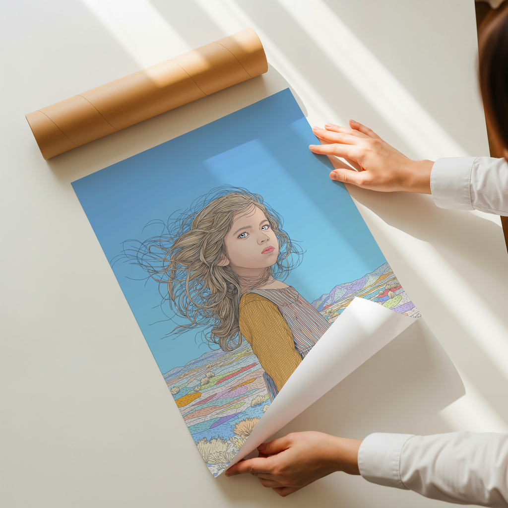 Illustrated art print of a young girl standing in a soft desert landscape with wind blowing through her hair under a clear blue sky.