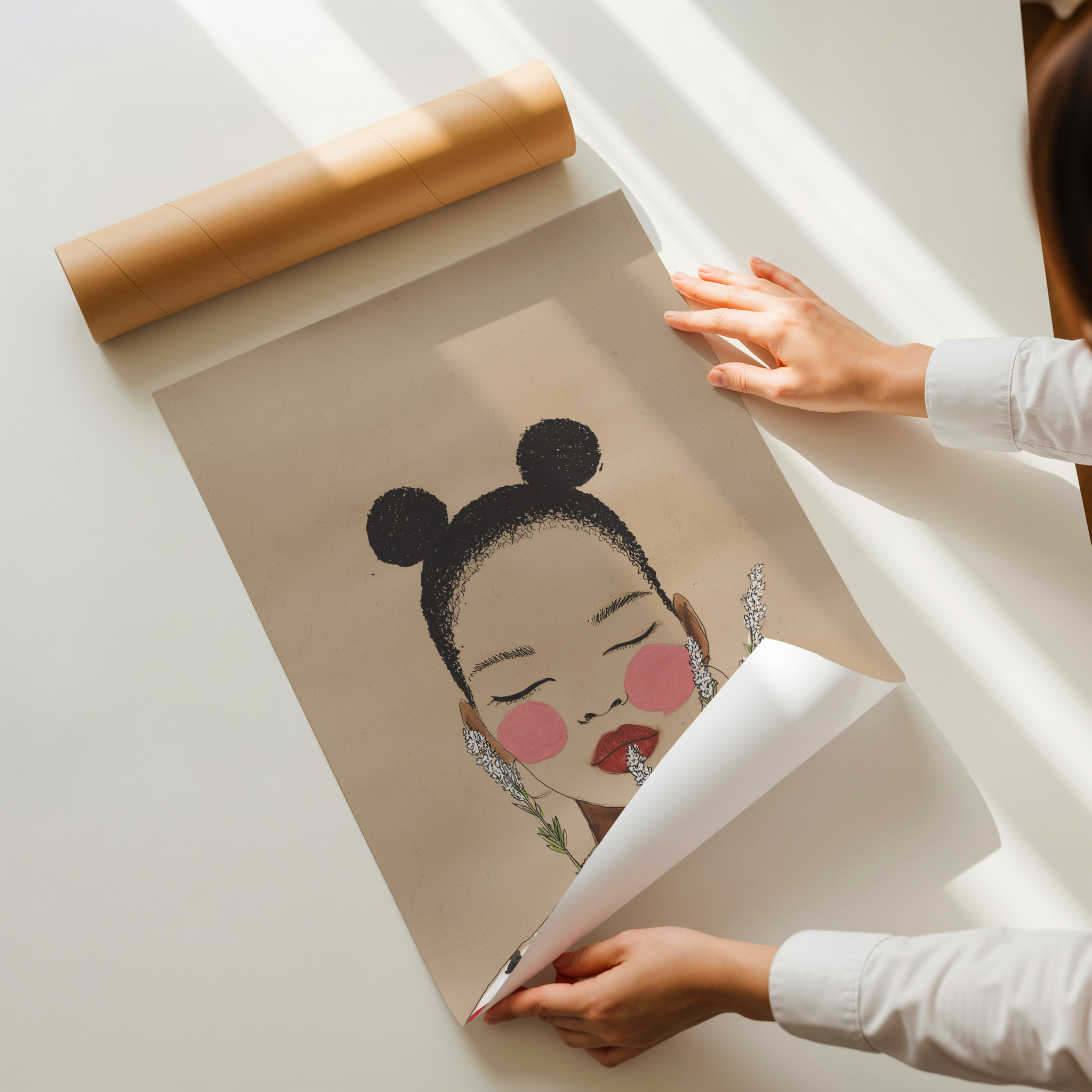 Minimal figurative art print of a serene female portrait with closed eyes, floral elements, and soft neutral tones