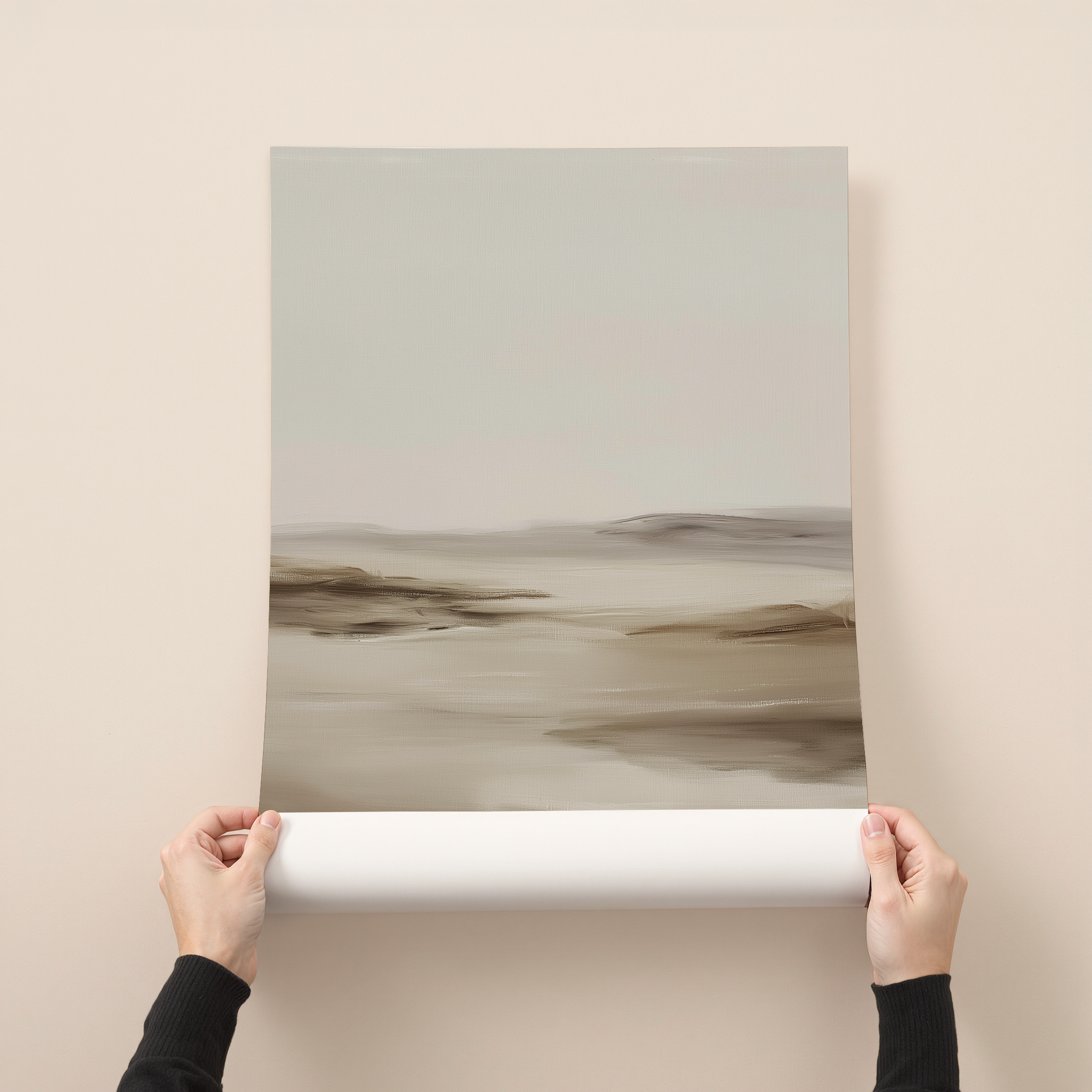 Arvane minimalist neutral landscape wall art with soft sand colored layers forming a calm distant horizon