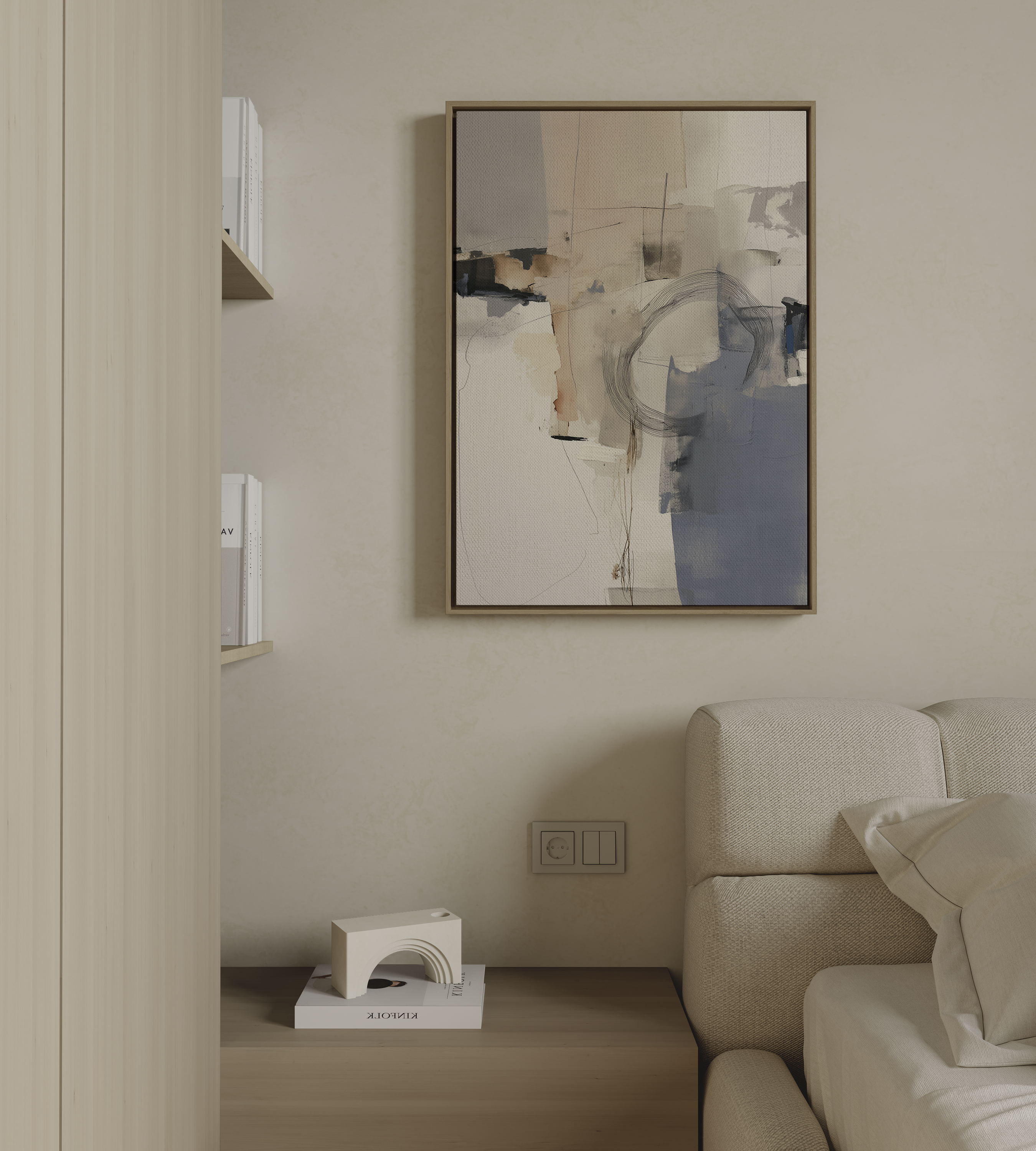 Modern abstract wall art with neutral tones and soft architectural shapes

