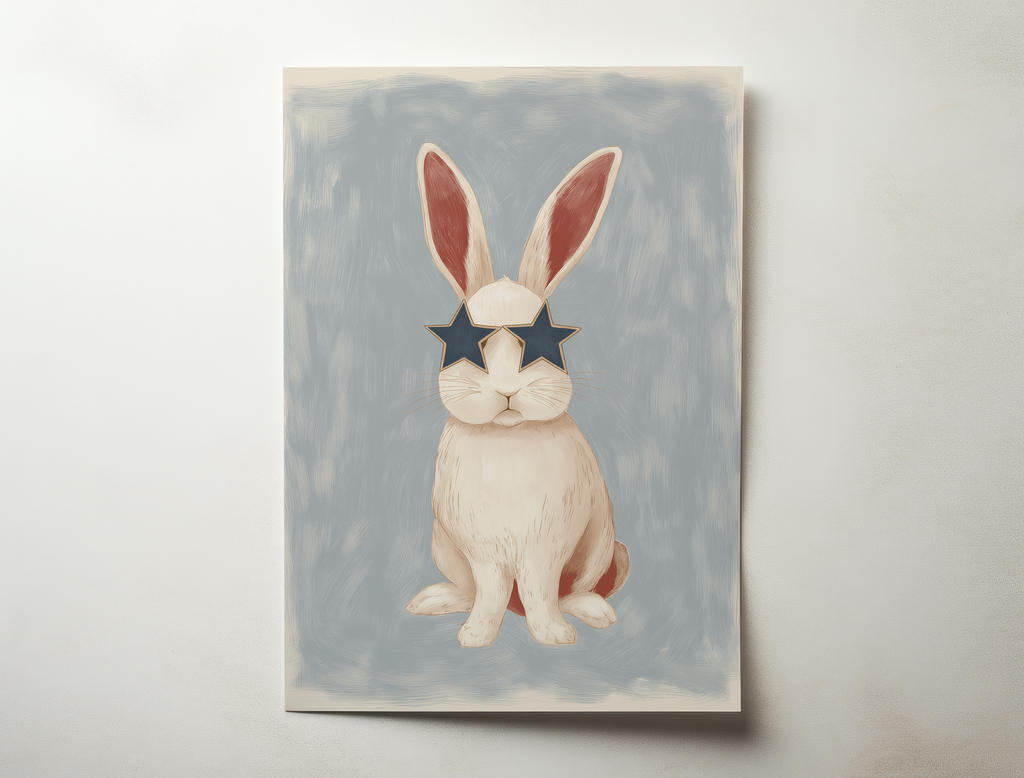 Bondi Roo bunny illustration wearing star sunglasses whimsical wall art