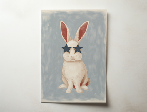 Bondi Roo bunny illustration wearing star sunglasses whimsical wall art
