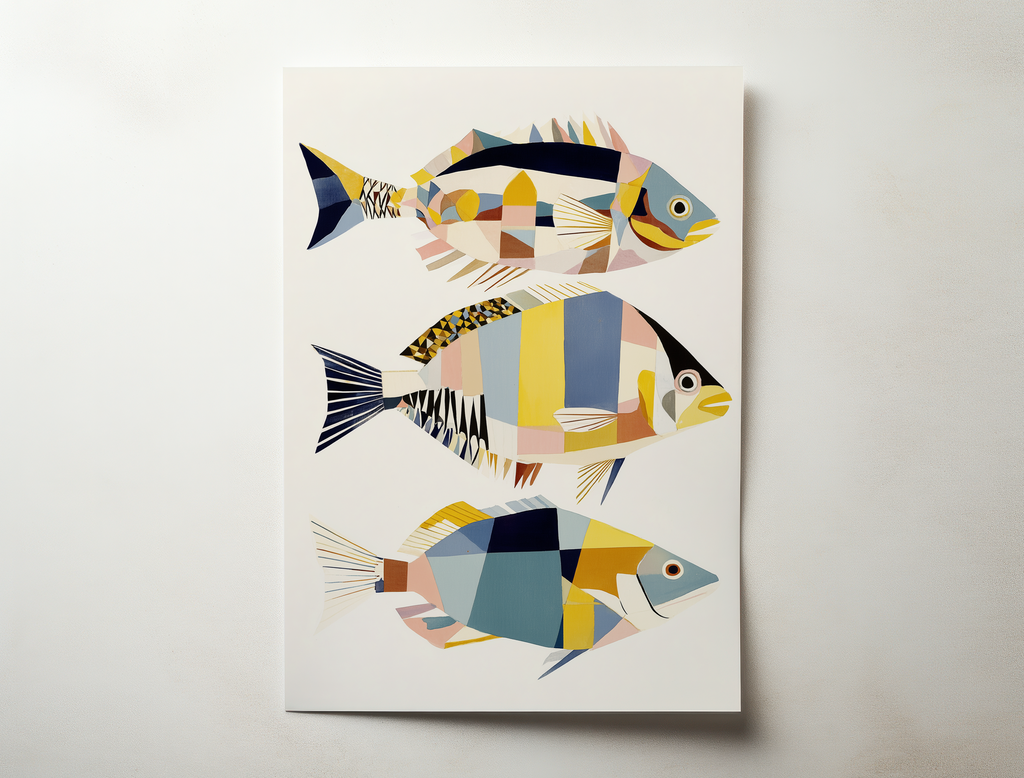 Trivaro geometric fish wall art featuring three colorful stylized fish made of abstract shapes