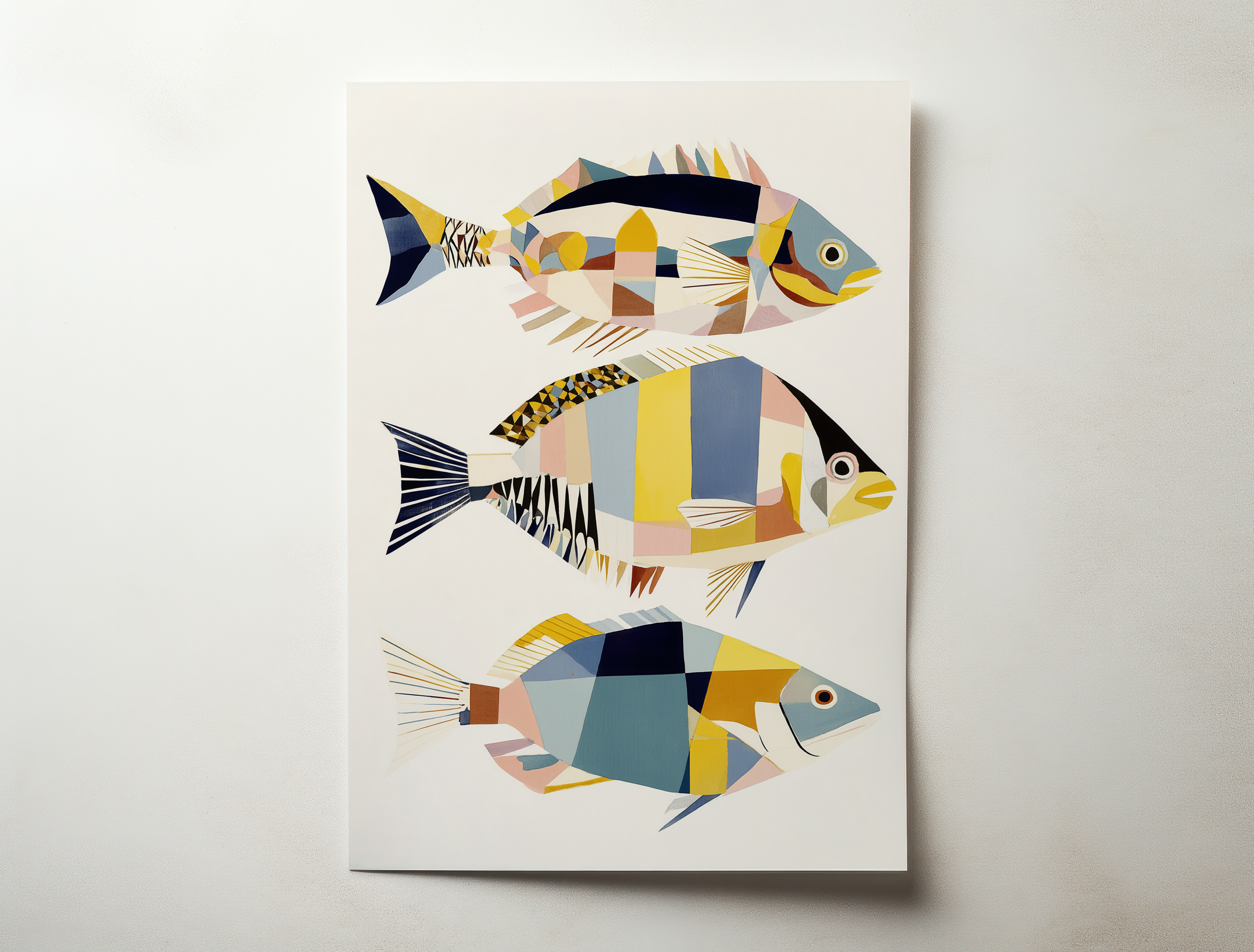 Trivaro geometric fish wall art featuring three colorful stylized fish made of abstract shapes