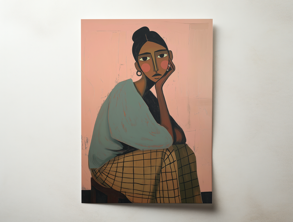 Mara modern portrait wall art showing a seated woman resting her head on her hand in warm earthy tones