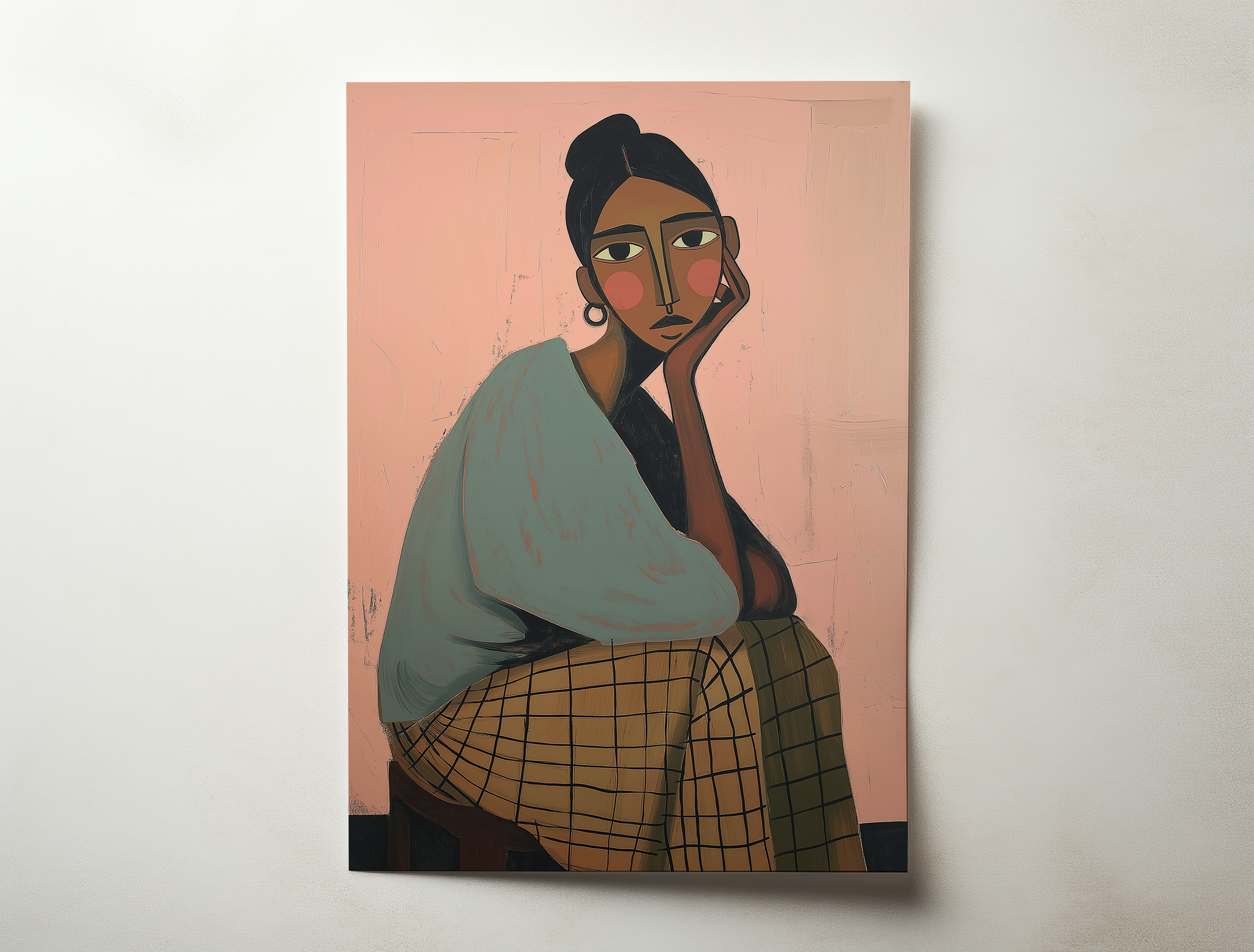 Mara modern portrait wall art showing a seated woman resting her head on her hand in warm earthy tones