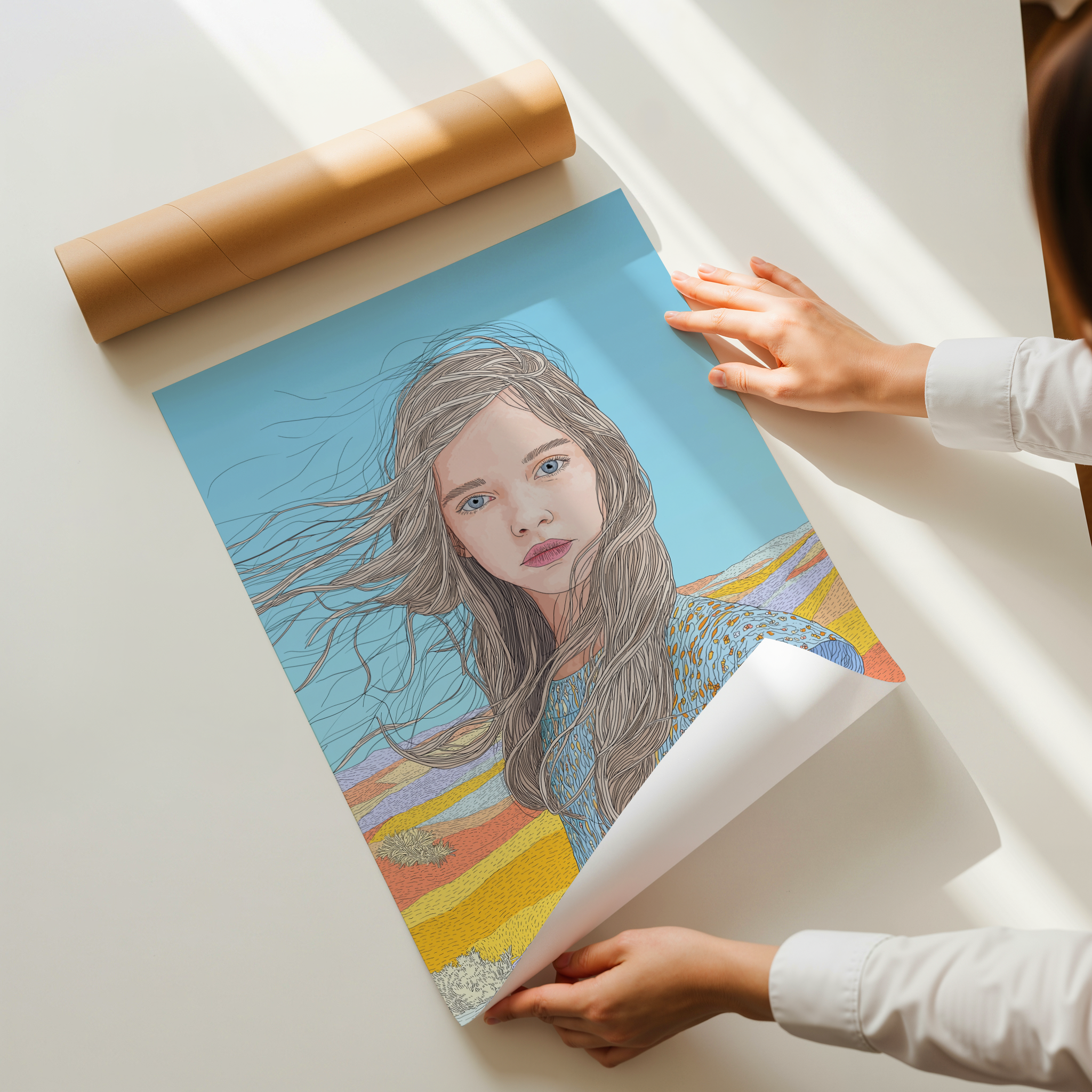 Modern portrait art print of a young woman with long hair blowing in the wind, blue sky background, soft feminine illustration wall decor