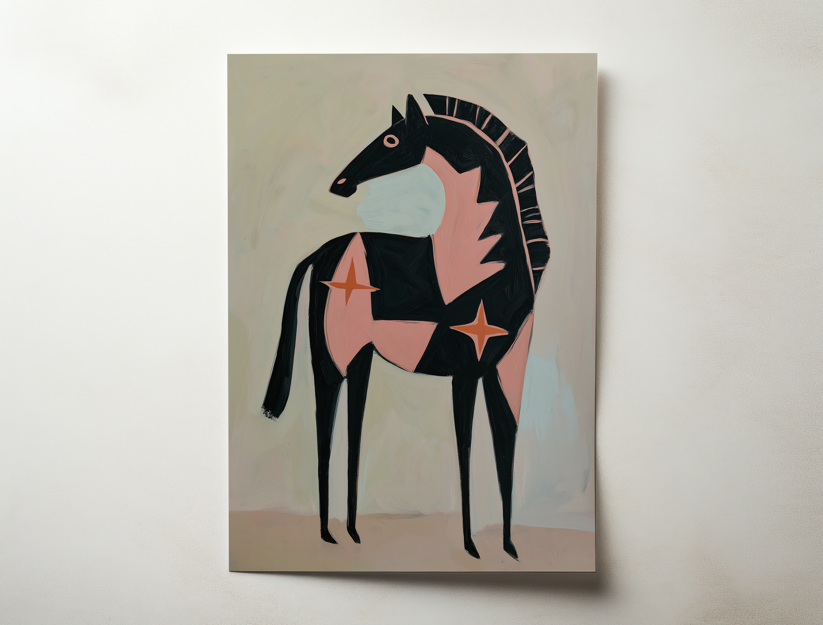 Minimalist horse illustration art print with black silhouette and terracotta star shapes on a neutral background