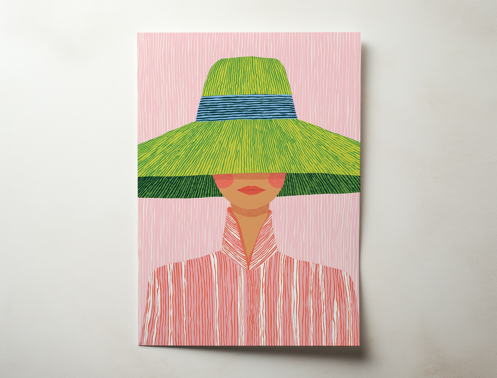 Livia modern fashion portrait wall art showing a woman wearing a wide green hat and striped blouse on a soft pink background