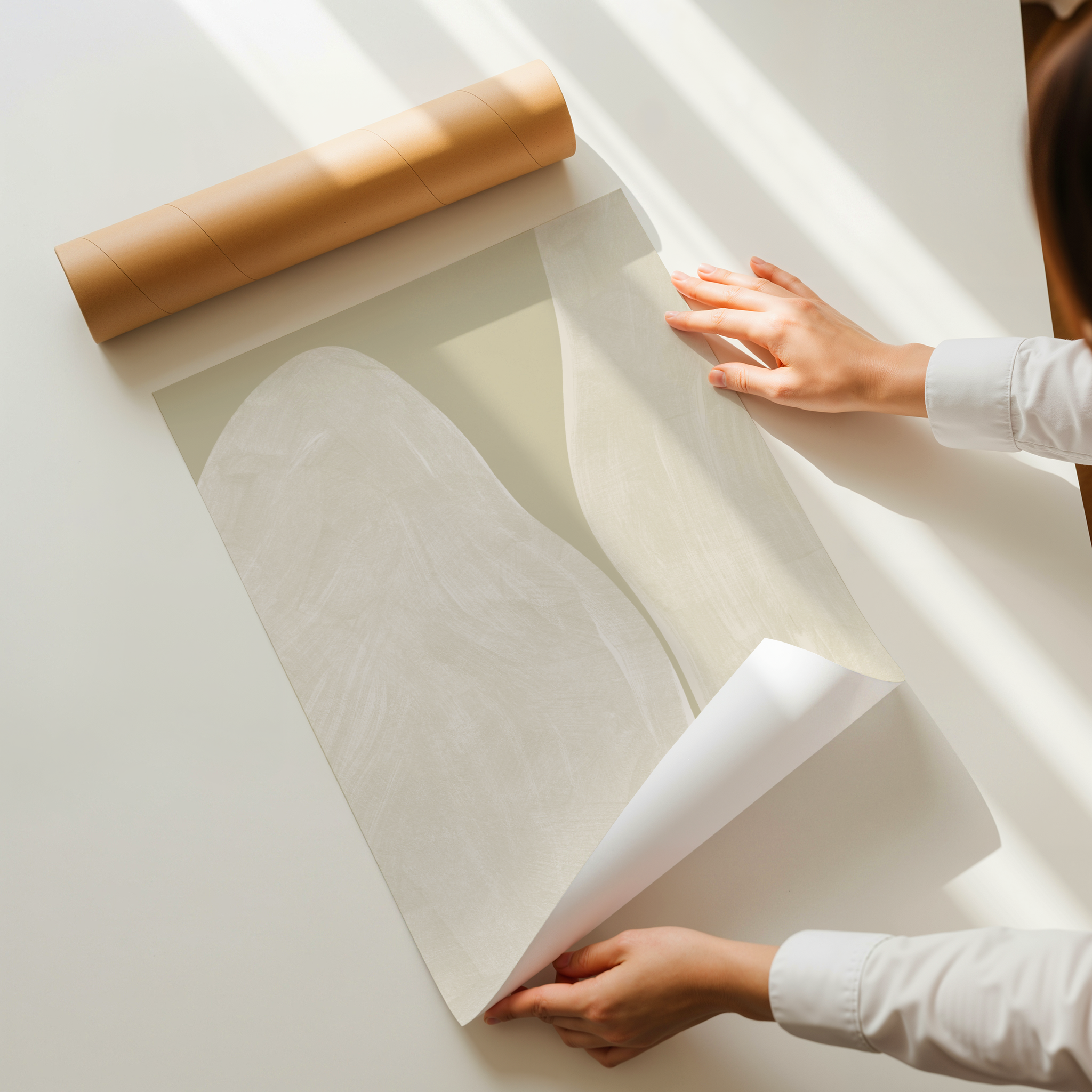 Minimal abstract art print with soft neutral tones and organic flowing shapes