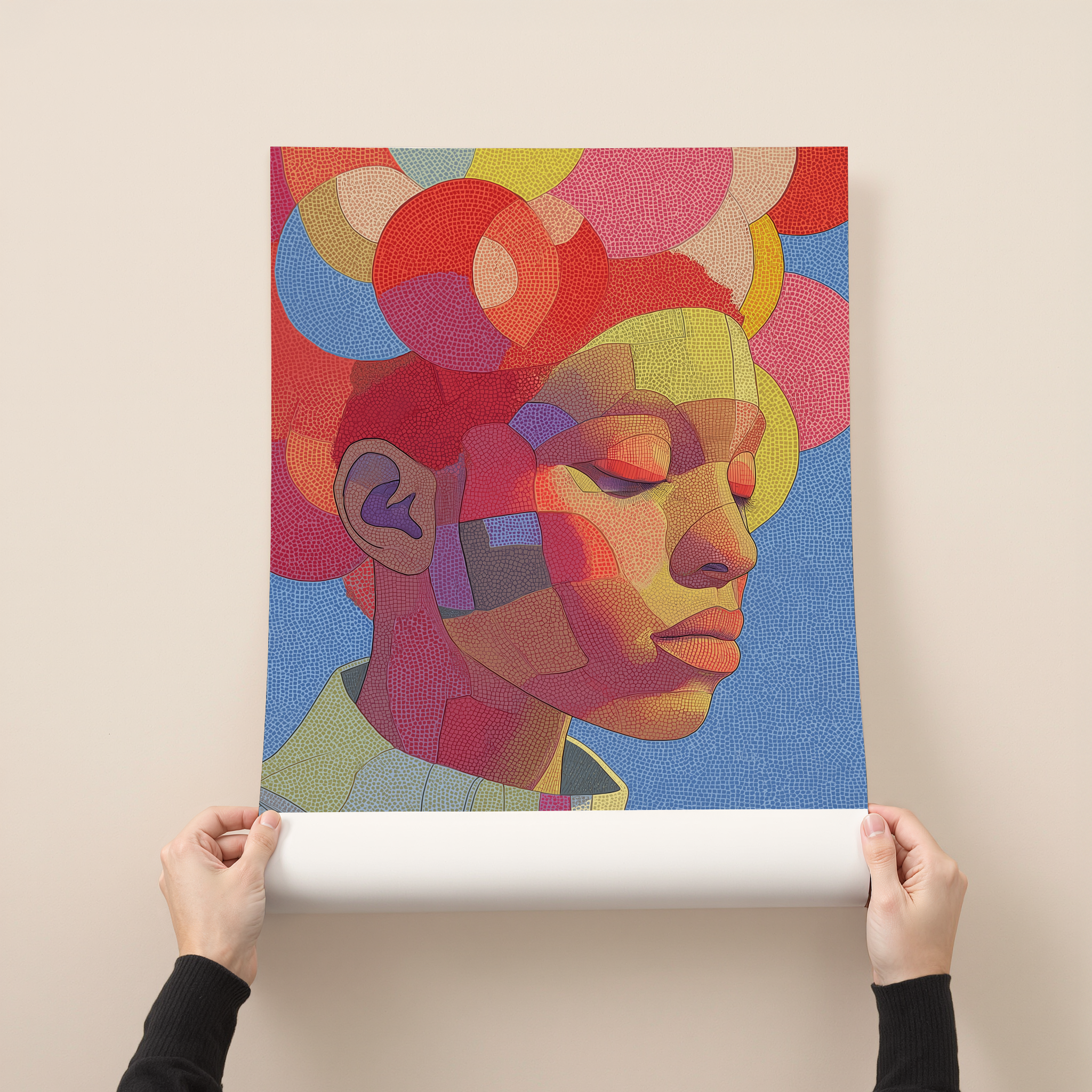 Isara colorful abstract portrait wall art featuring a stylized face composed of geometric shapes and vibrant colors