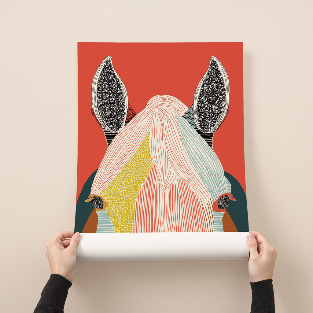 Sirocco modern horse portrait wall art featuring a stylized horse head with bold textures and graphic colors