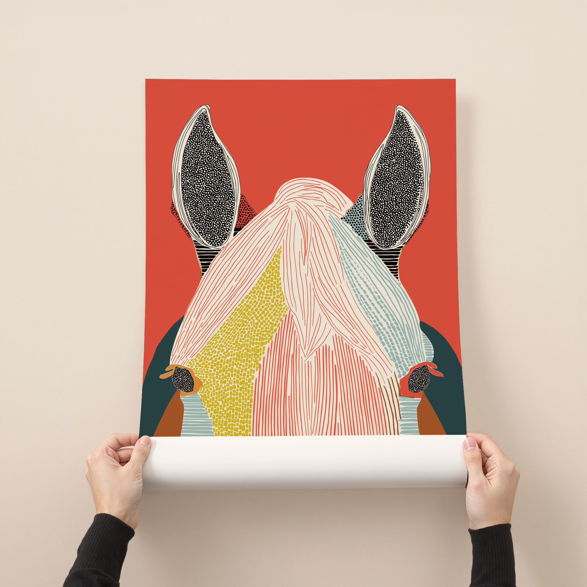 Sirocco modern horse portrait wall art featuring a stylized horse head with bold textures and graphic colors