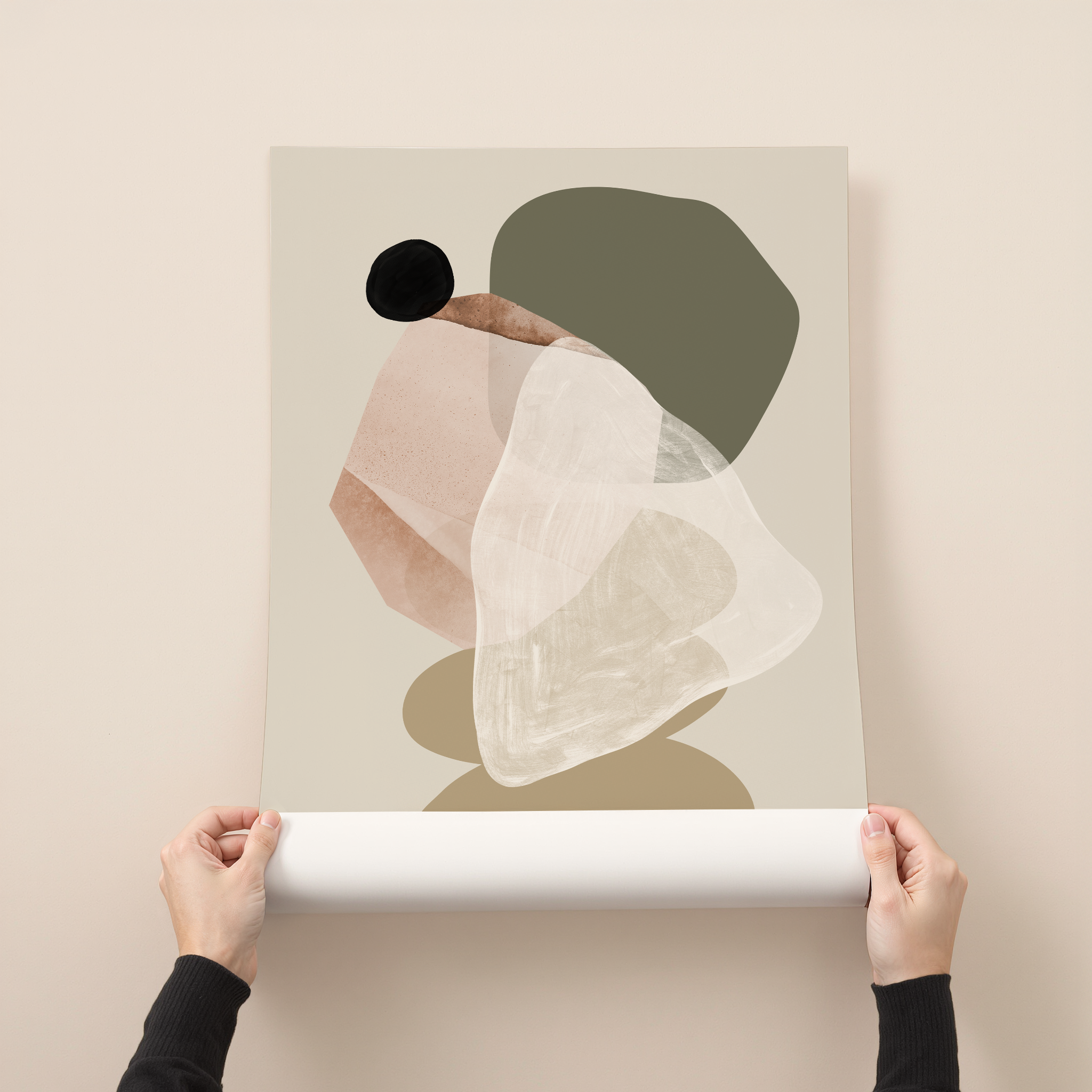 Minimal abstract art print with layered organic shapes in soft beige, olive green and off-white tones on a light background