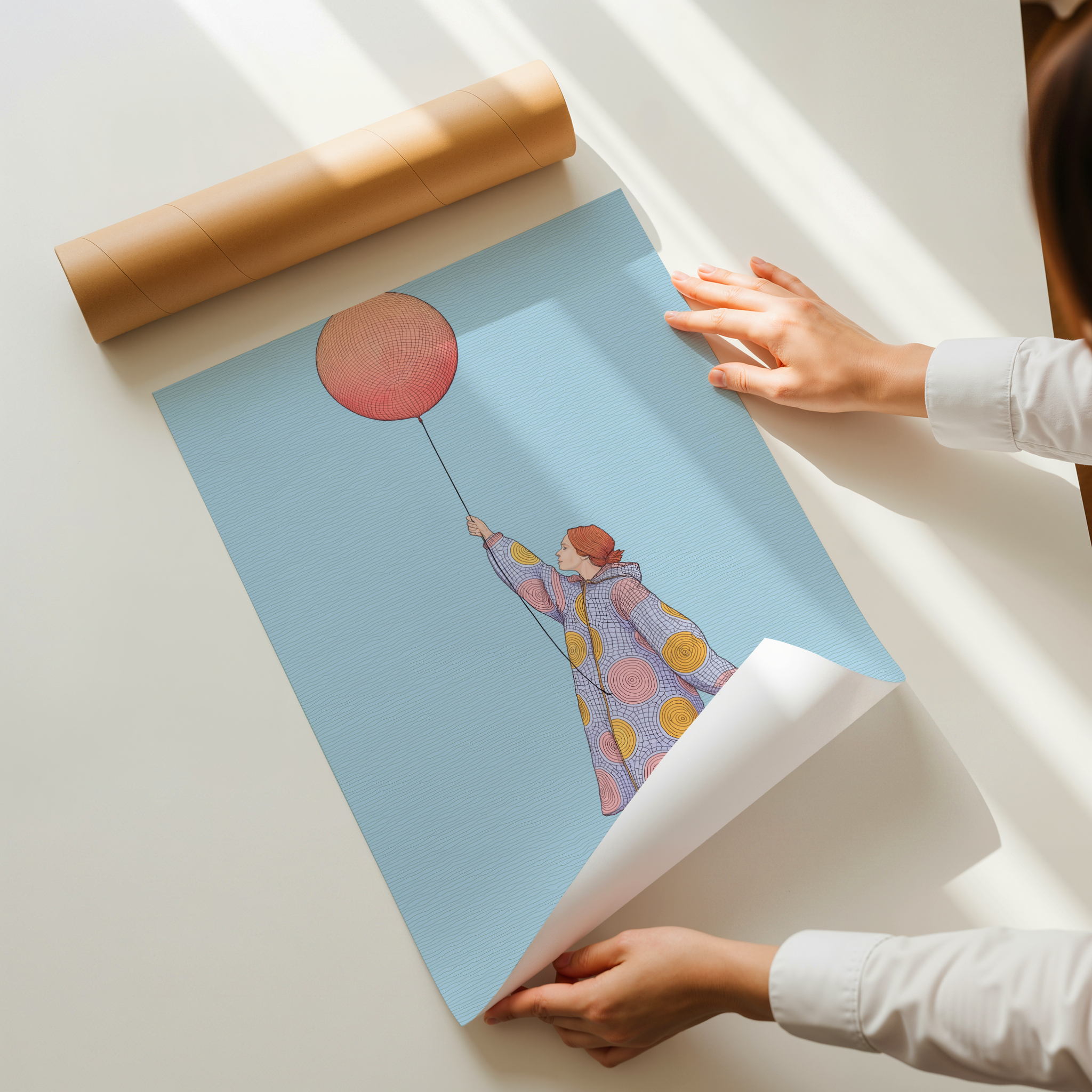 Minimalist illustration of a woman holding a balloon on a soft blue background with terracotta and coral tones