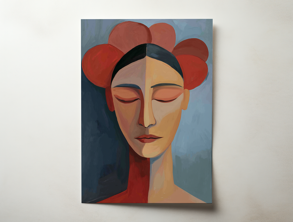 Seraphine modern portrait wall art showing a serene female face with closed eyes framed by red floral shapes