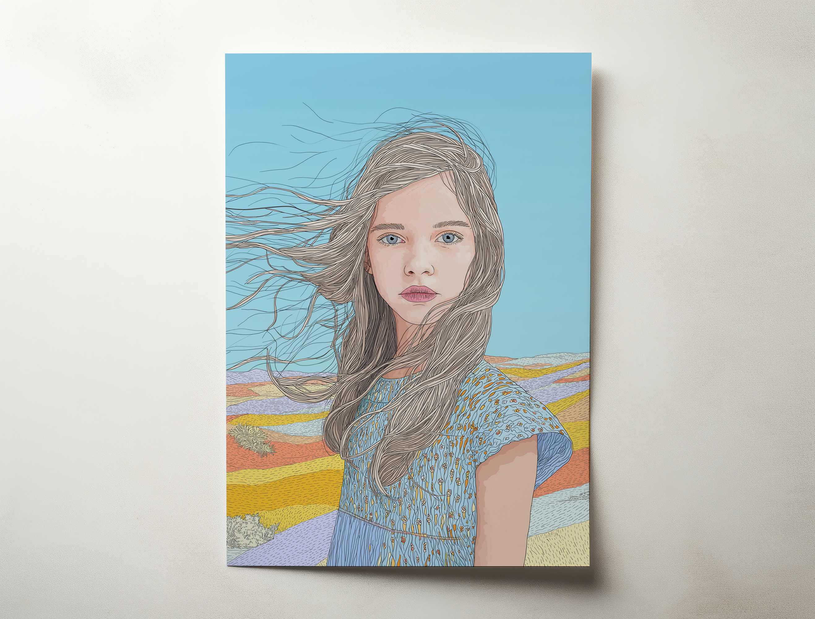 Modern portrait art print of a young woman with long hair blowing in the wind, blue sky background, soft feminine illustration wall decor